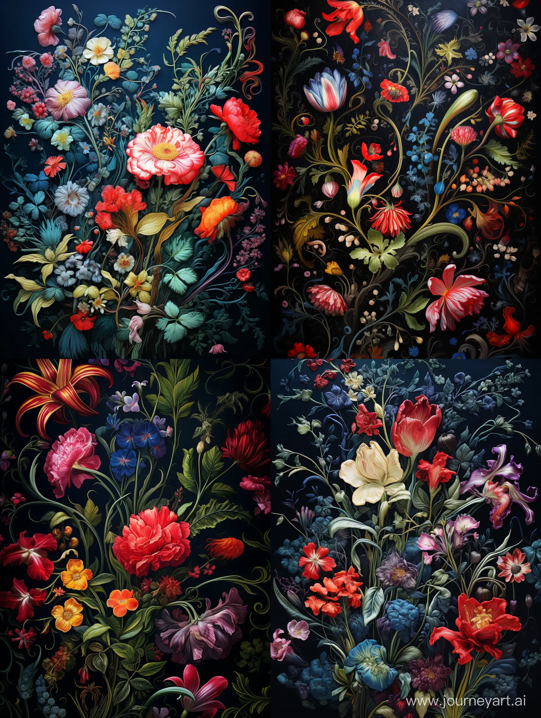 a painting of flowers floating in mid-air, in the style of baroque roccoco ornate and dramatic compositions, vibrant color schemes, embroidery, caravaggesque chiaroscuro, detailed botanicals, dark blue and red and green, ornate embroidery