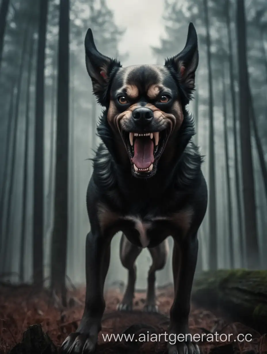 очень злая собака - демон на фоне мрачного леса