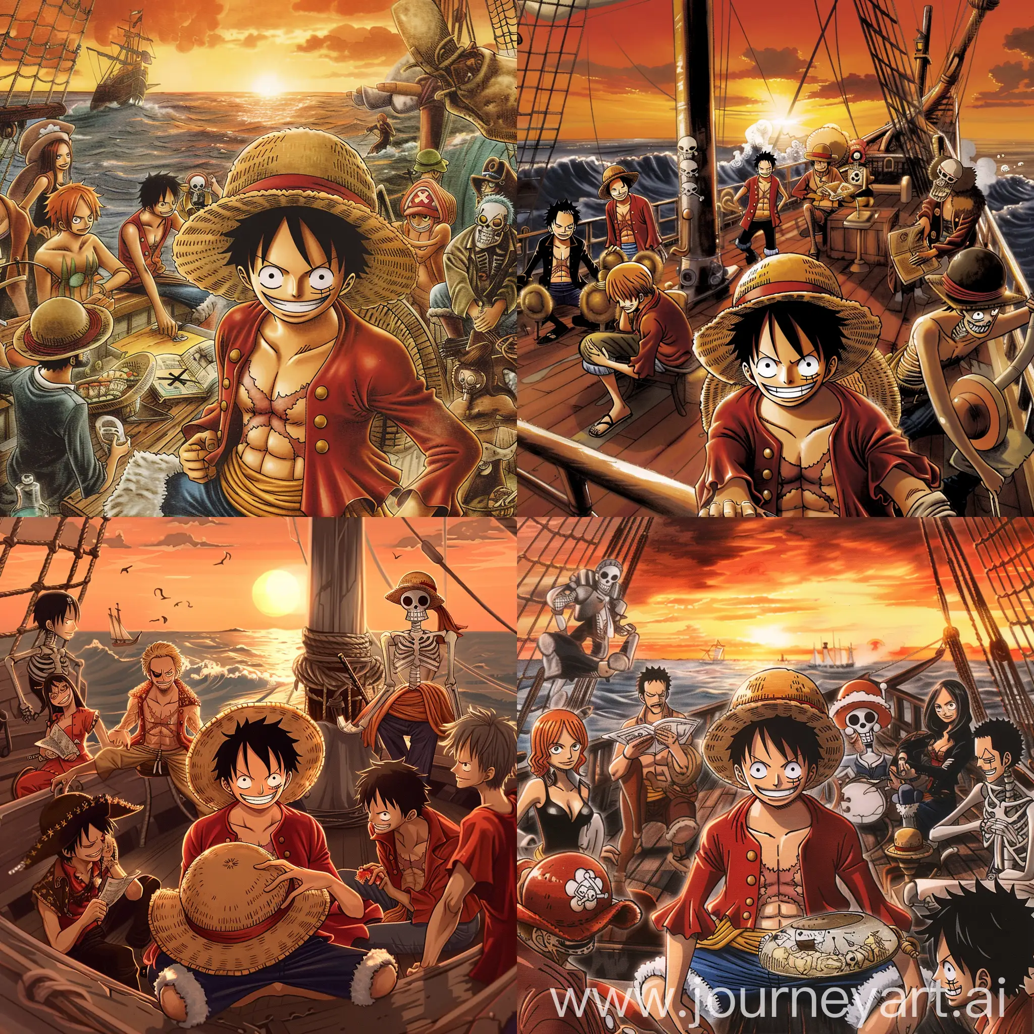 Imagine an epic scene at sea, where the members of the Straw Hat Pirates from One Piece are gathered on their ship, the Thousand Sunny. Luffy, the fearless captain, is at the center, with his confident smile and bright eyes, holding his straw hat. By his side, Zoro, the skilled swordsman, wields his swords with determination, while Sanji, the talented cook, prepares a delicious meal on the stern of the ship. Nami, the astute navigator, is on the deck, studying maps and planning the crew's next destination. Usopp, the brave sharpshooter, is atop the mainmast, scanning the horizon for imminent dangers. Chopper, the doctor and adorable mascot of the crew, sits next to Franky, the talented engineer, as they discuss improvements for the Thousand Sunny. Robin, the mysterious archaeologist, sits in a quiet corner, reading an ancient book about the Poneglyphs. And last but not least, Brook, the skeleton musician, cheers everyone up with his cheerful music. The sun sets on the horizon, painting the sky in shades of orange and red, while the waves of the sea dance around the ship, creating a truly memorable scene for the Straw Hat Pirates from One Piece.