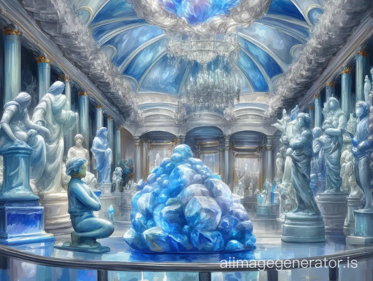 underground cavern crystals victorian city  impresionist bussy people peaceful statues unsaturated blue marble