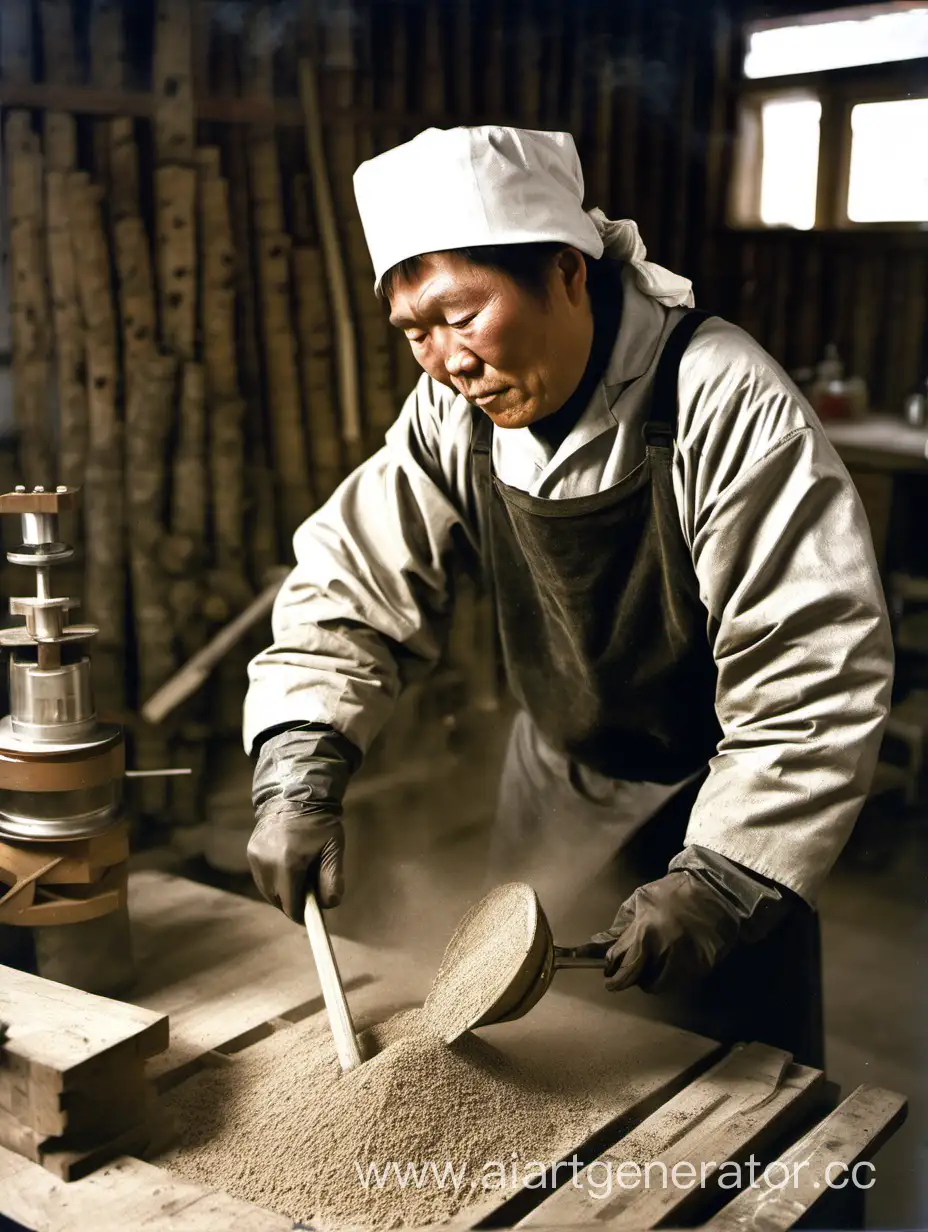 A Buryat scientist grinding wood into dust in the laboratory.
