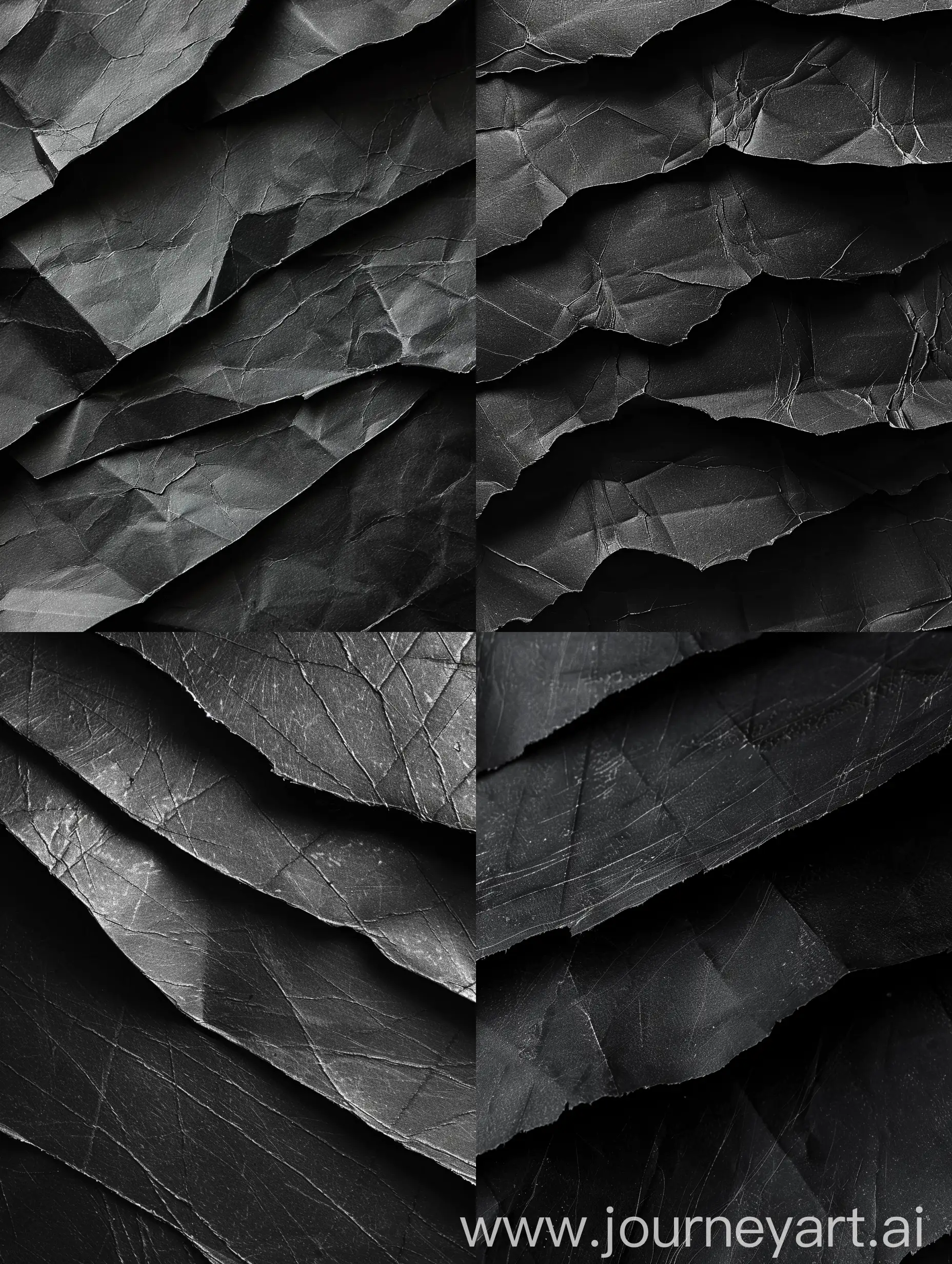 Black paper fold texture close-up scan, ultra-detailed with visible scratches, richly-textured, high-resolution, ambient light highlighting the texture's depth, soft shadows enhancing details, emulating the precision and clarity of a high-end scanner, --v 6.0 --ar 3:4
