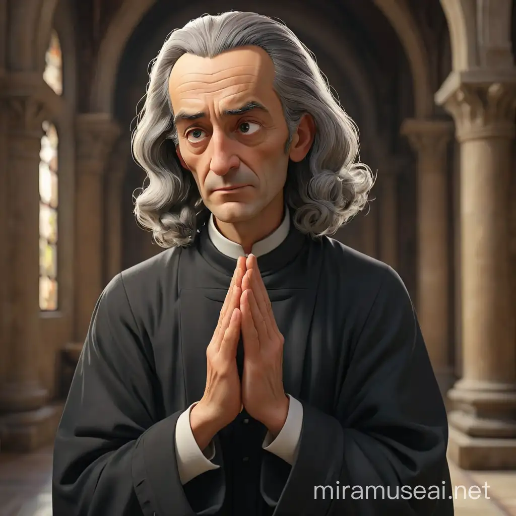 The philosopher Voltaire in a monastic cassock. he is very sad, holding his face with his hands. we can see him in full height. In the style of 3d animation, realism.