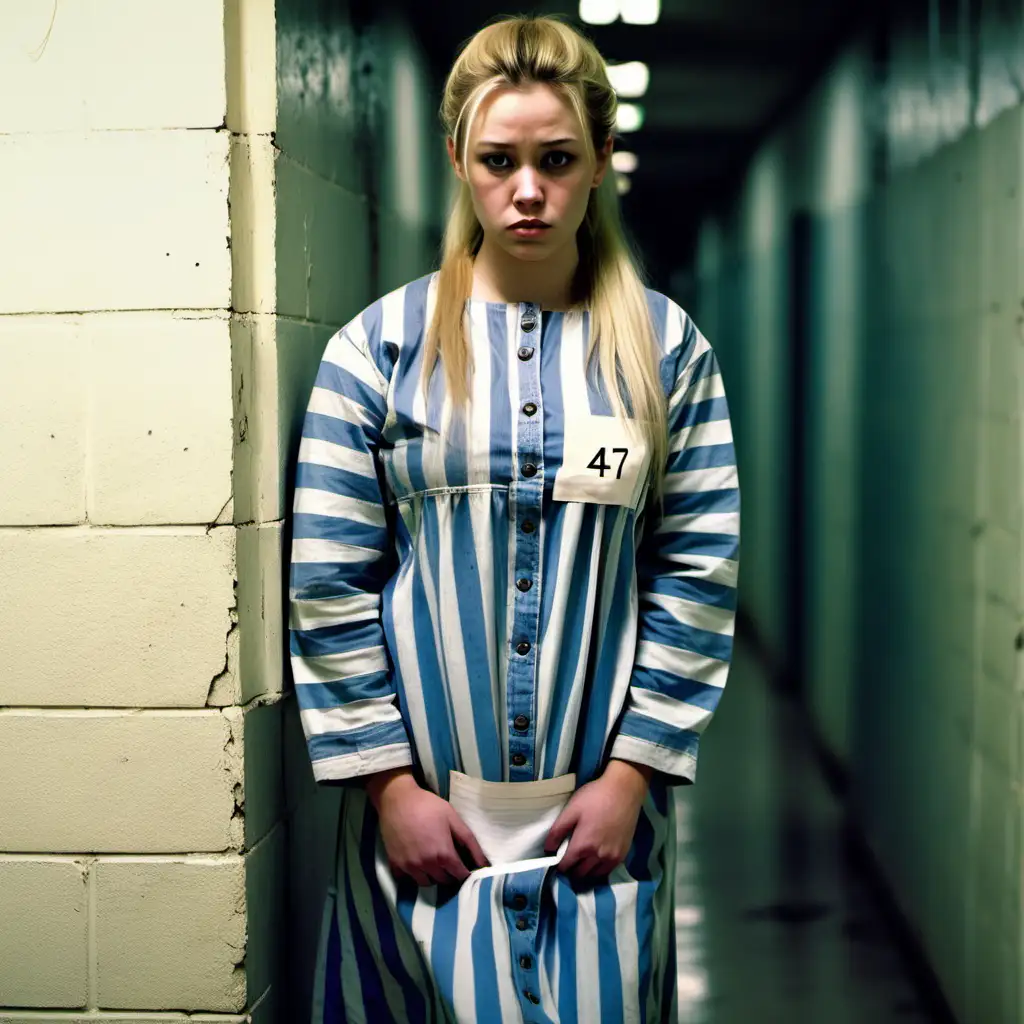 A busty prisoner woman (19 years old, same dress) stand in a prison corridor in worn dirty blue-white vertical wide-striped longsleeve midi-length buttoned prisonerdress ( a big printed "478" label on chest pocket, blonde low pony hair,  sad and ashamed ), look into camera