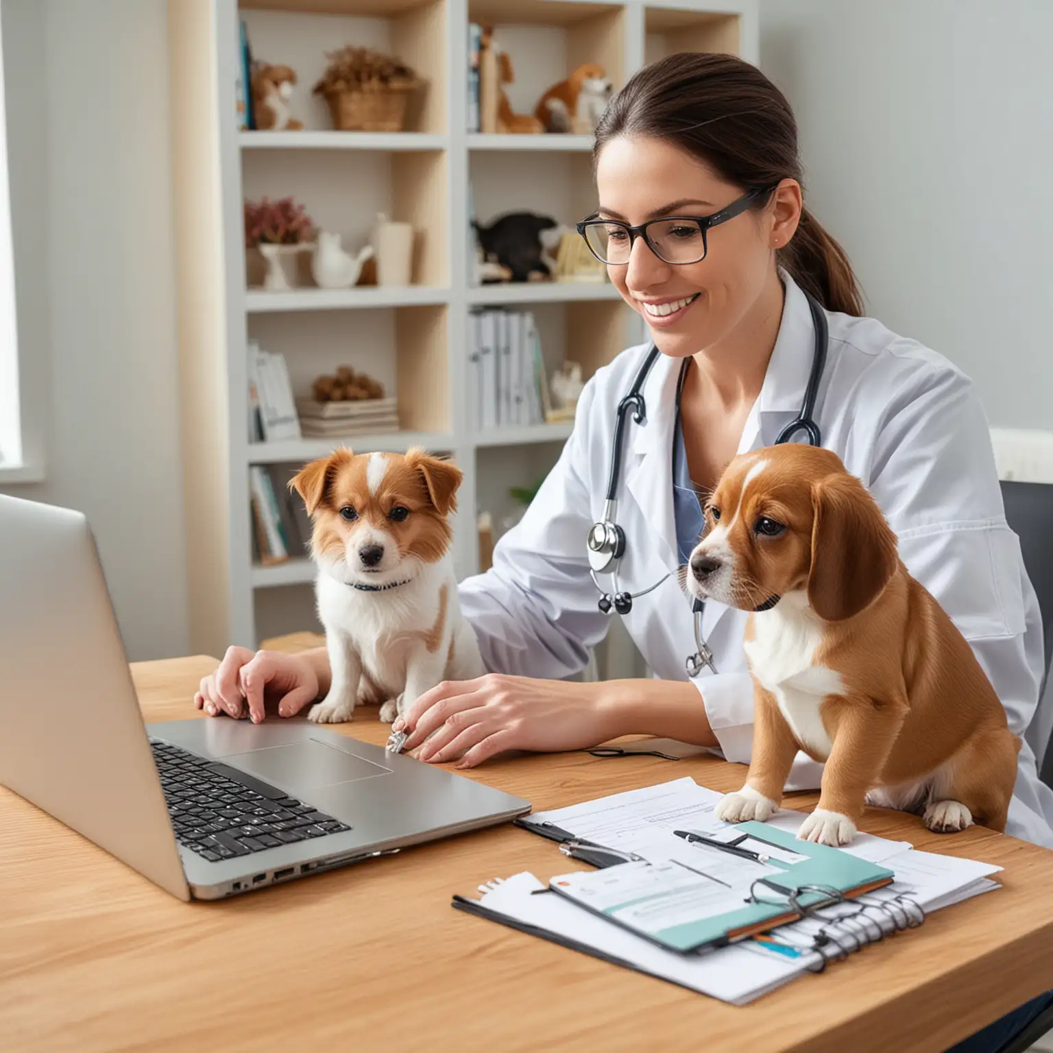 veterinarian working on laptop with pets in the desk