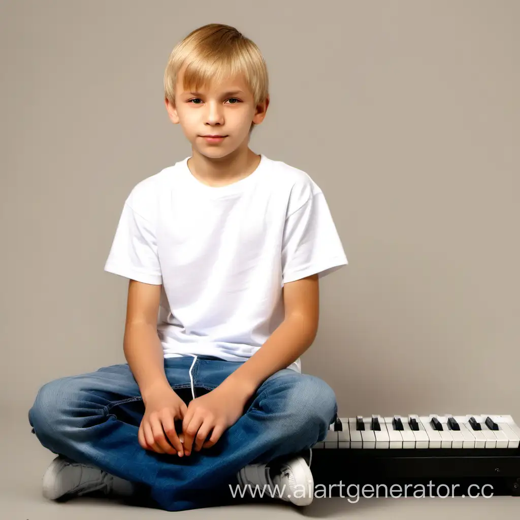 Boy, 12 years old, nationality Russian, blond, white T-shirt, blue jeans, white sneakers, full length, sitting on a gray floor, music keyboard, beige background,