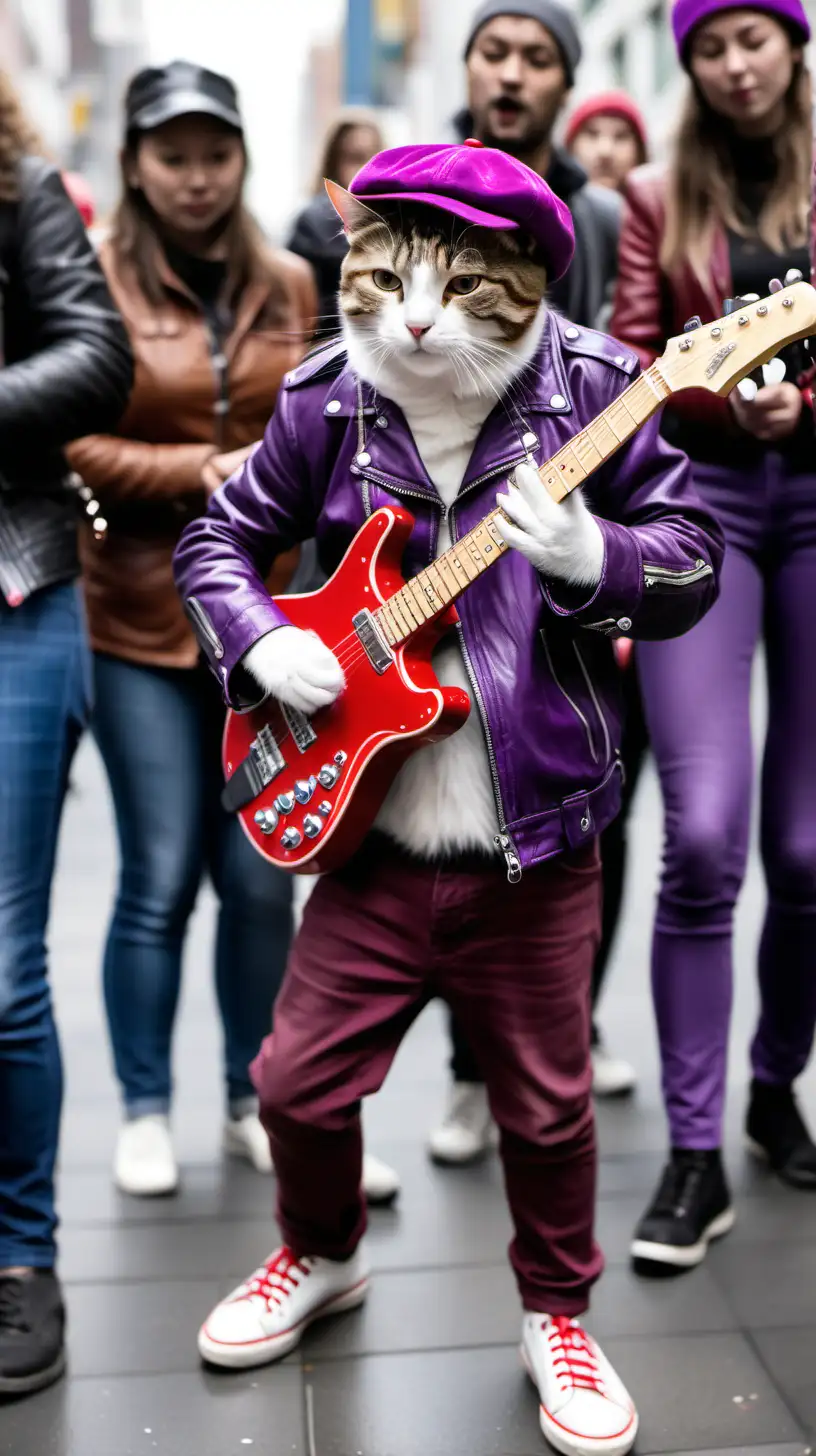 Cat wearing a leather jacket, red, purple hat, white shoes, bag, is busking in a group of humans