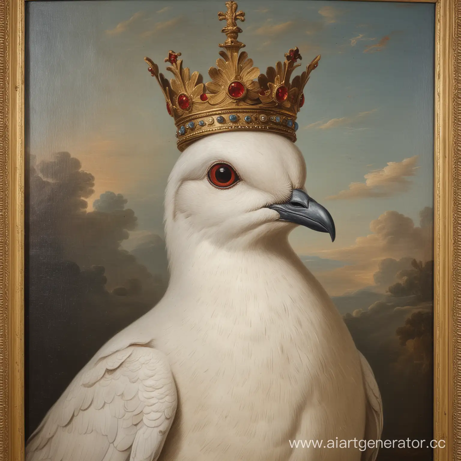18th-Century-Oil-Painting-of-a-Majestic-Dove-with-Crown-and-Glaring-Red-Eyes