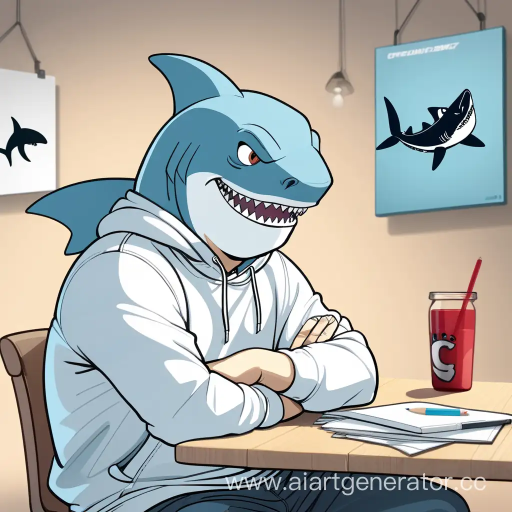 человек акула в толстовке найк белого цвета сидит за столом и думает что бы ему нарисовать в мультяшном стиле
