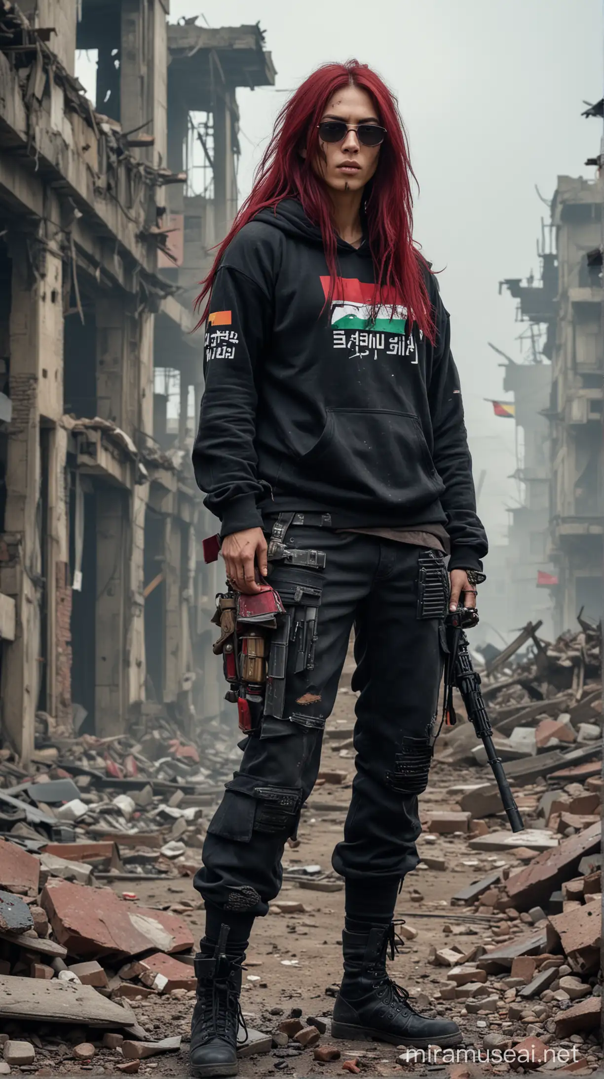 A samurai with very long maroon hair blowing in the wind, wearing red glasses, standing in the middle of the ruins of a destroyed city. he was wearing a black hoodie with the words "SINYO", and Palestinian flag badges on the sleeves, black cargo pants, and macbeth boots. in their hands, there was a dirty M249 machine gun, the W900 truck was black and battle-damaged in the background, with thick fog adding a gloomy and eerie atmosphere to the scene. UHD 8K, RAW..

