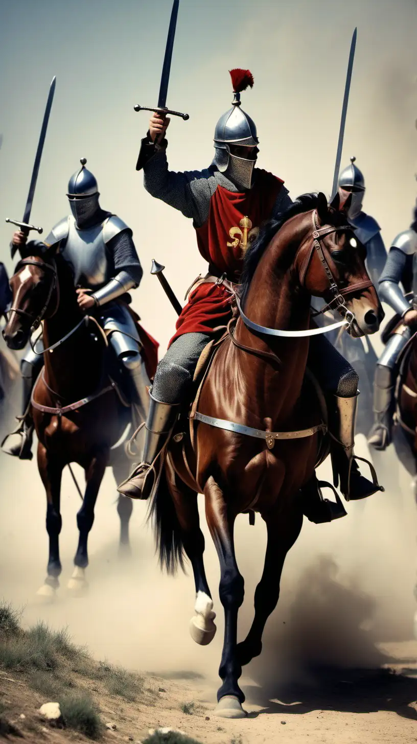 en 1212 combatienetes medievales españoles a caballo con sus espadas en la mano agarradas por el mango, imagen a color
