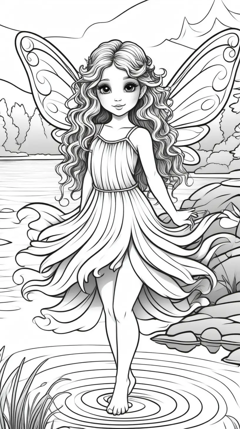 dibujo para colorear con fondo blanco y lineas negras  de una hada adorable con el pelo ondulado y unas enormes alas en un lago 