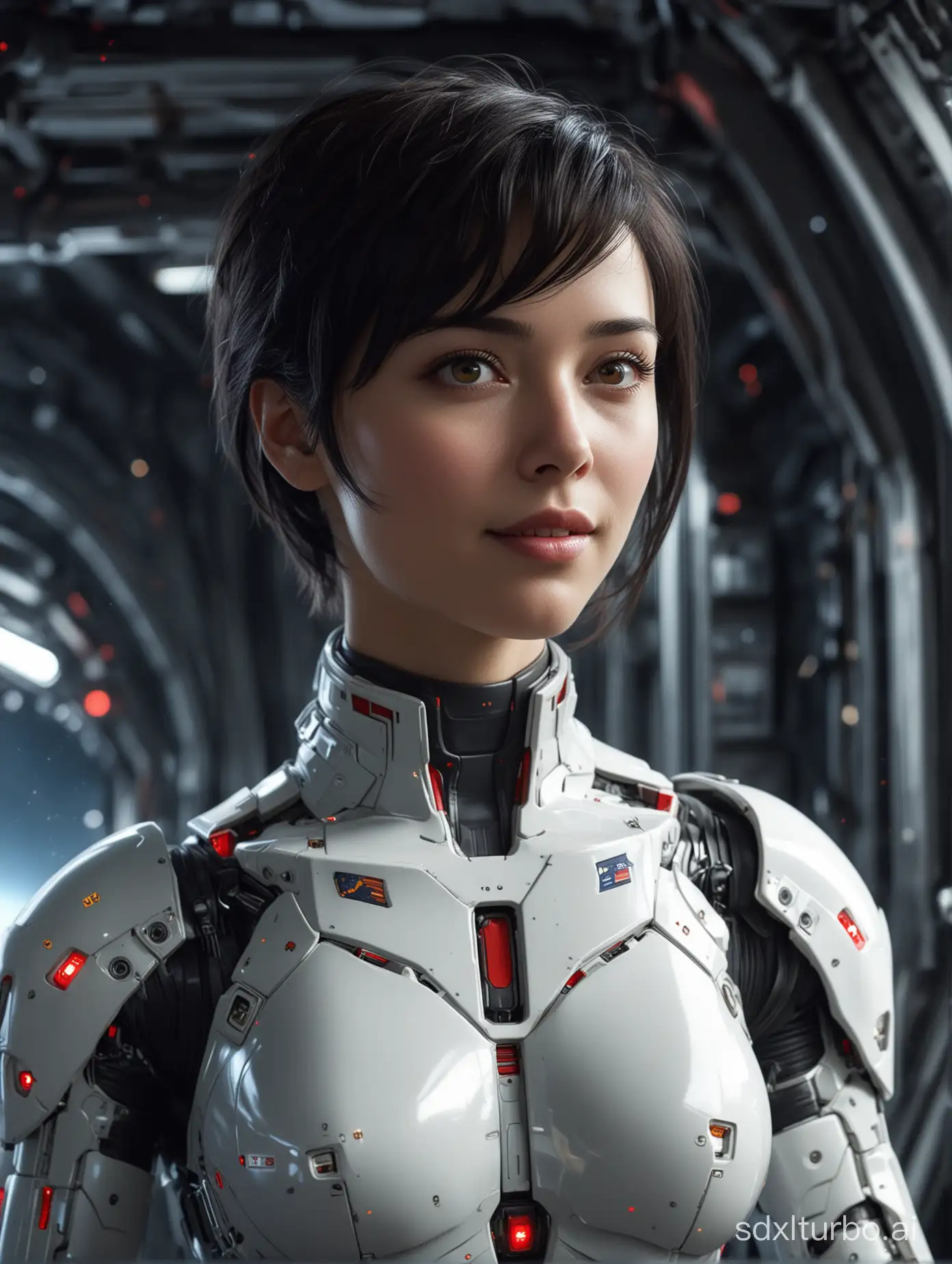  In the vast expanse of deep space, aboard a formidable warship, a petite android stands upon the deck, her figure a mesmerizing blend of sleek machinery and graceful masculinity. From the neck down, she is predominantly mechanical, her form encased in white plasteel armor with striking red accents emitting a subtle glow, seamlessly integrating with her human-like features.

Short silky black hair, yet remarkably detailed, android face. With delicate sensors mimicking human expressions, she wears a wide grin as she gazes out into the infinite abyss beyond the viewport.

Her eyes, a captivating shade of brown, gleam with a hint of artificial luminescence, reflecting the distant stars that dot the cosmos. In this moment, she is the embodiment of freedom, a testament to the boundless possibilities that await those who dare to explore the depths of space and the uncharted territories that lie beyond."