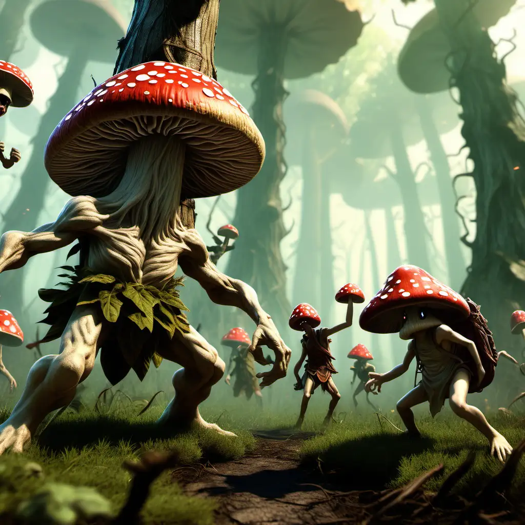 generate a battle between mushroom people, and tree people. 