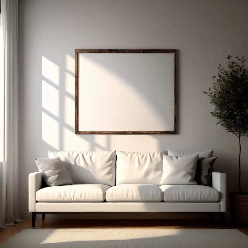 wooden poster white blank frame mockup, reflection, shadow overlay, cozy living room, farmhouse stlyle, warm room, 4K, exclude random objects,