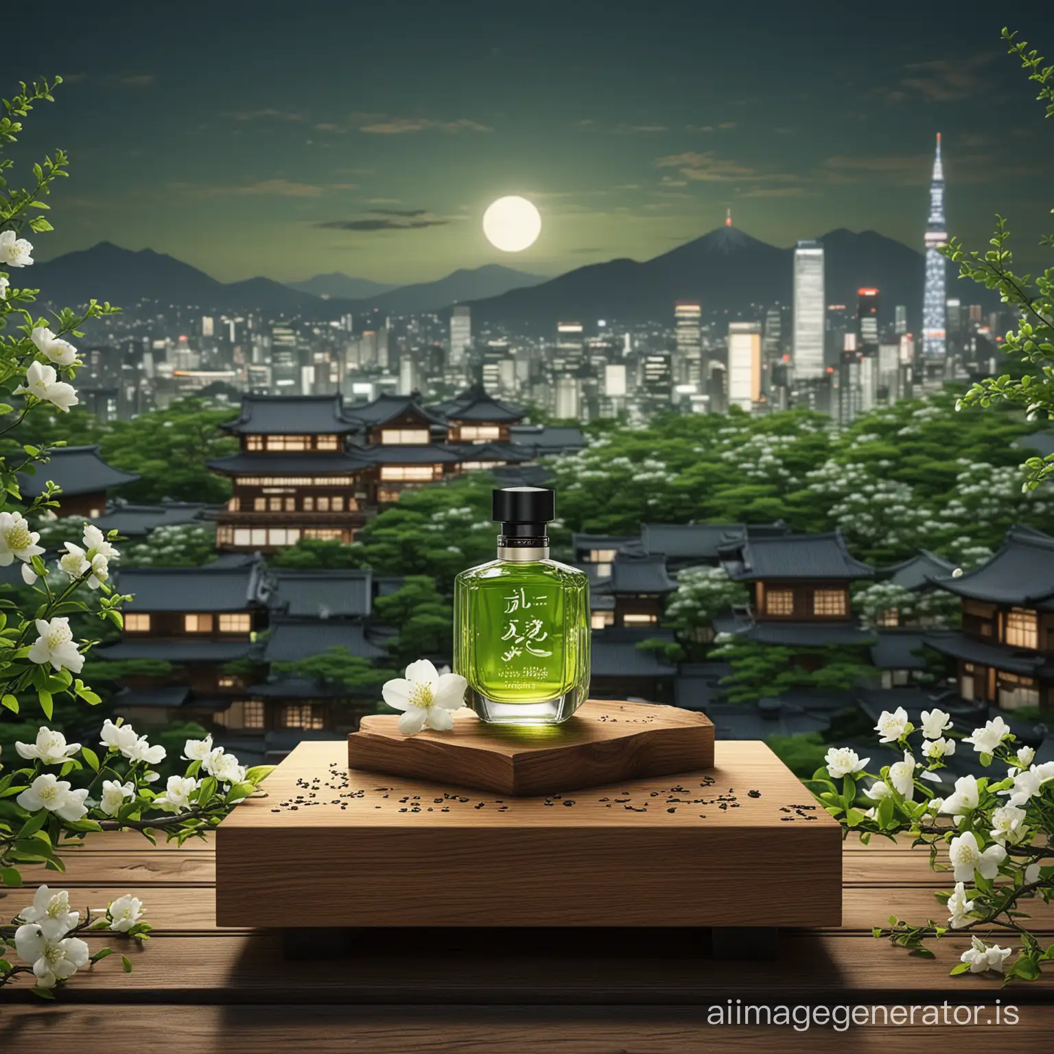 A 3d rendering of a perfume product on a very realistic wooden podium in the middle of urban Japan, in the background is urban Japan with buildings written in kanji, centering the product around white flowers and green tea leaves and green tea powder, night sky atmosphere.