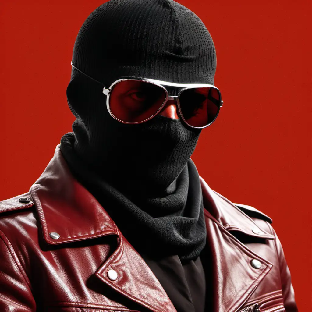 70s Italian crime movie poster, realistic, 70s style, balaclava, leather jacket , sunglasses, red background 