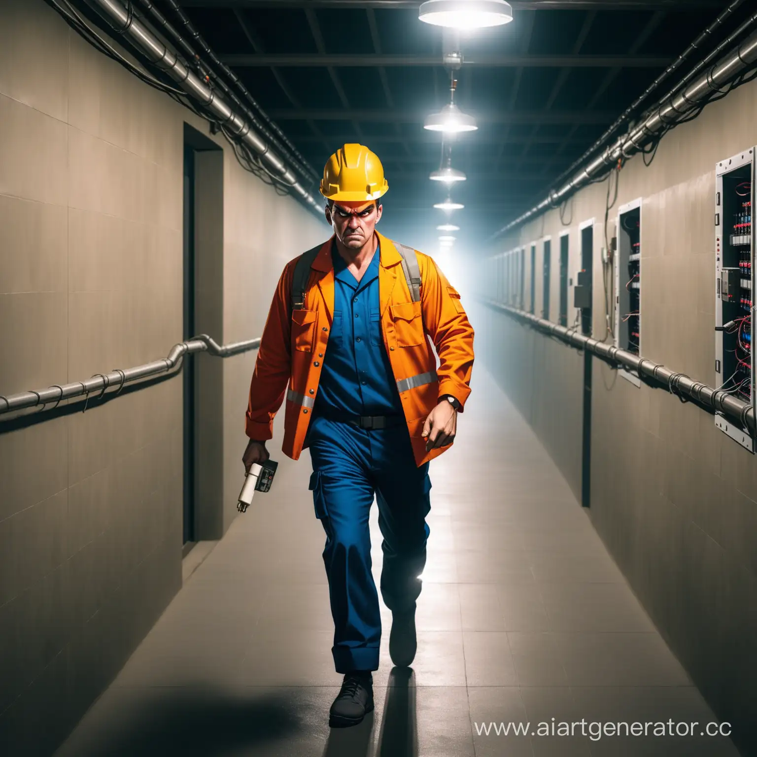 Electrician-in-Work-Clothes-Smoking-in-Underground-Corridor