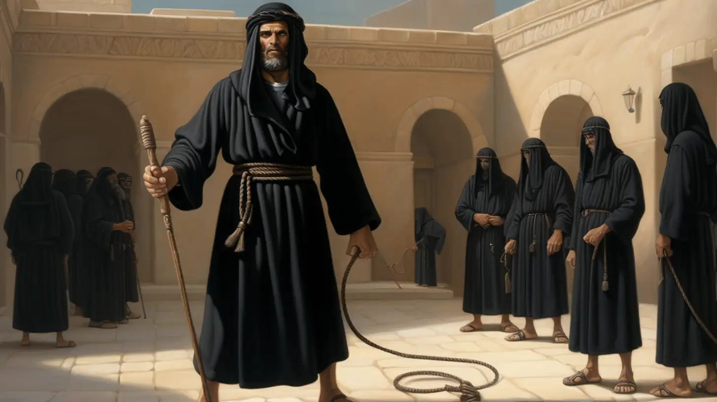 epoque biblique, dans la cour extérieure du tribunal, un hébreu habillé tout en noir, avec un foulard sur la tête, il tient dans sa main un fouet pour foueter le dos des coupables