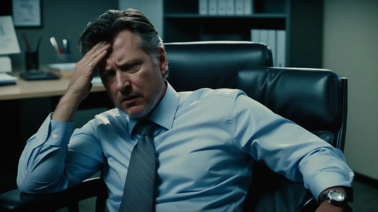 a cinematic scene, ultra realistic, Medium Shot, film grain, IMAX 70mm film still, cinematic color grading,  detailed faces, dramatic lighting, captured by Canon Cinema EOS, medium hair 40-year-old white male manager scratching head, sitting in office chair, talking, in office --v 5 --style raw