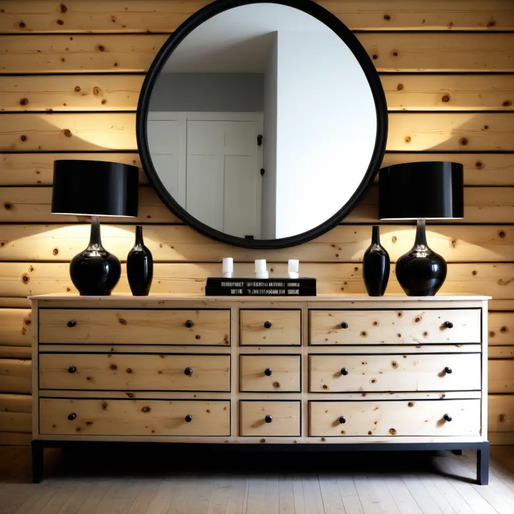/imagine a horizontal pine wood wall, pine wood chest of drawers in front of it, 2 symmetrical black lamps, a round mirror on the wall