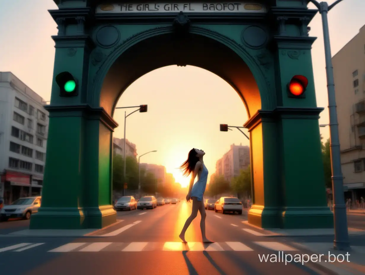 The girl walks barefoot around the city the traffic light yields the road to the girl the girl dives under the arch the sun warms the heart of the girl the girl sings