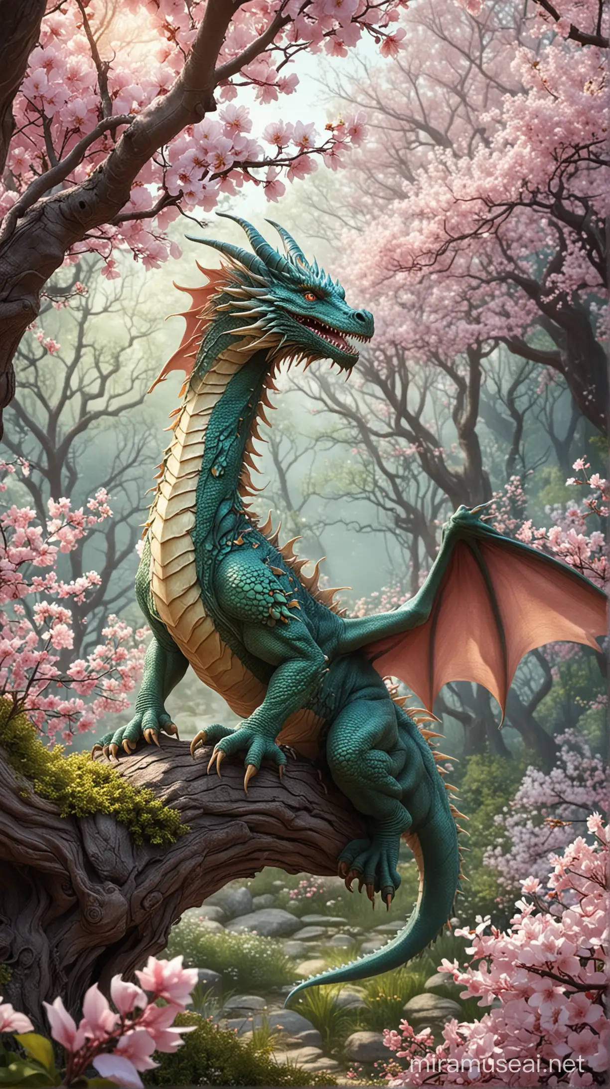 Realistic Fairy Tale Dragon in Spring Forest with Blooming Trees