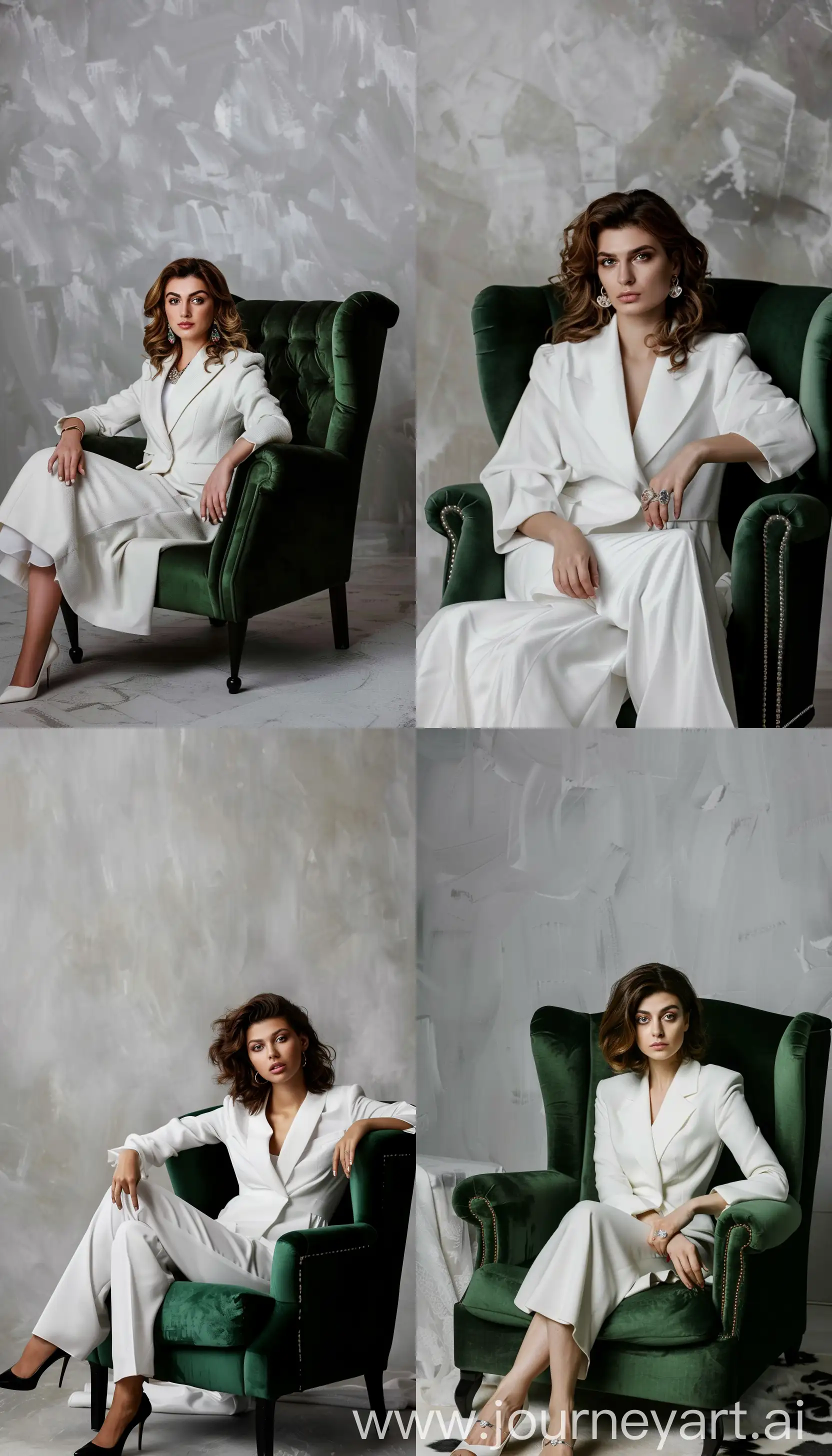 A zoom out of an elegant woman dressed in white, seated in a stylish green armchair, studio photograph, white background, olive skin tone, studio lighting —sref https://i.pinimg.com/564x/8a/a0/16/8aa01689414ea735353f8e60ffb9b00a.jpg —v 6 —style raw —ar 4:7