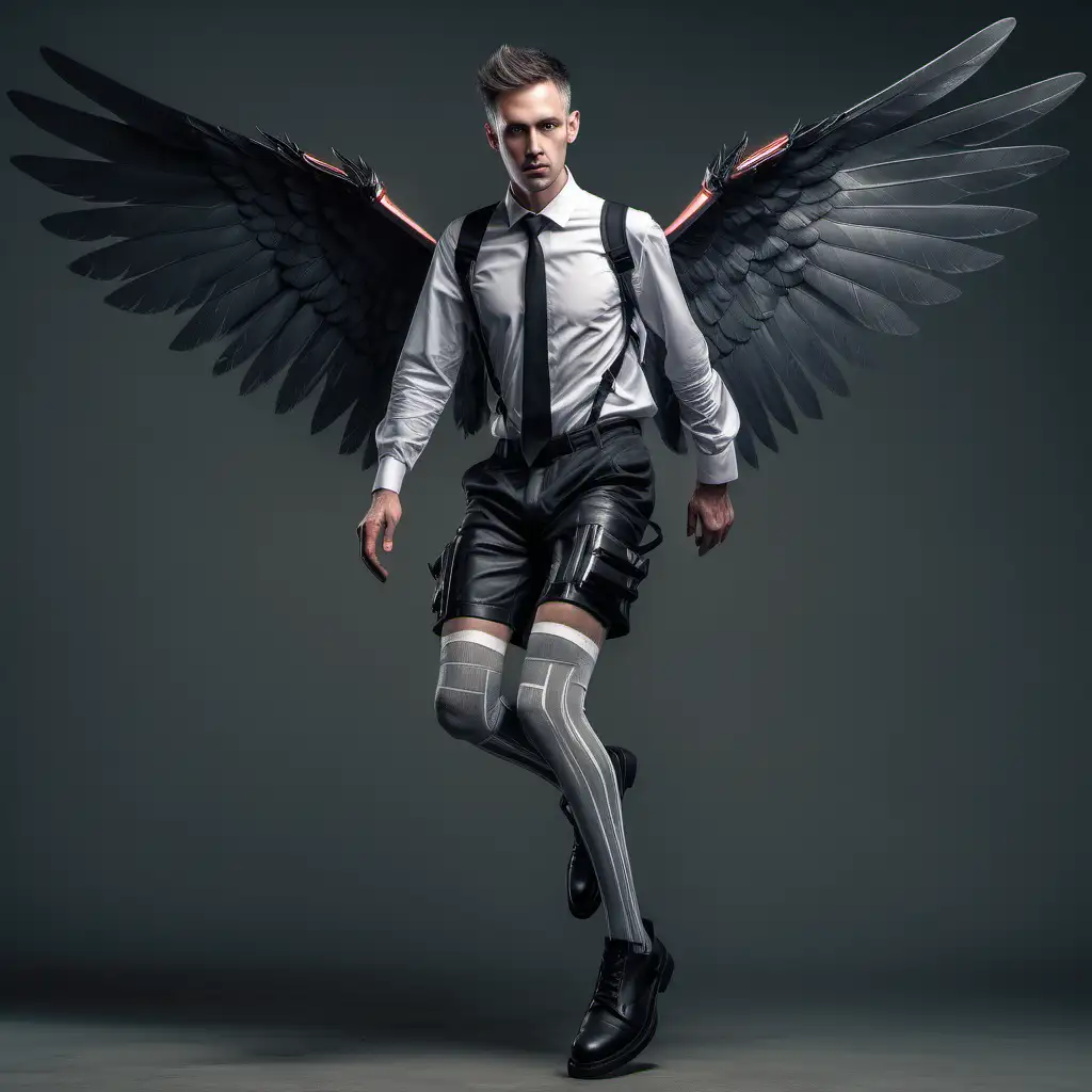 full body flying above the ground skinny 30 years old white man knee high stockings old shoes and clothes with wings on his back full body constant grey background  fantasy cyberpunk very realistic, vhq