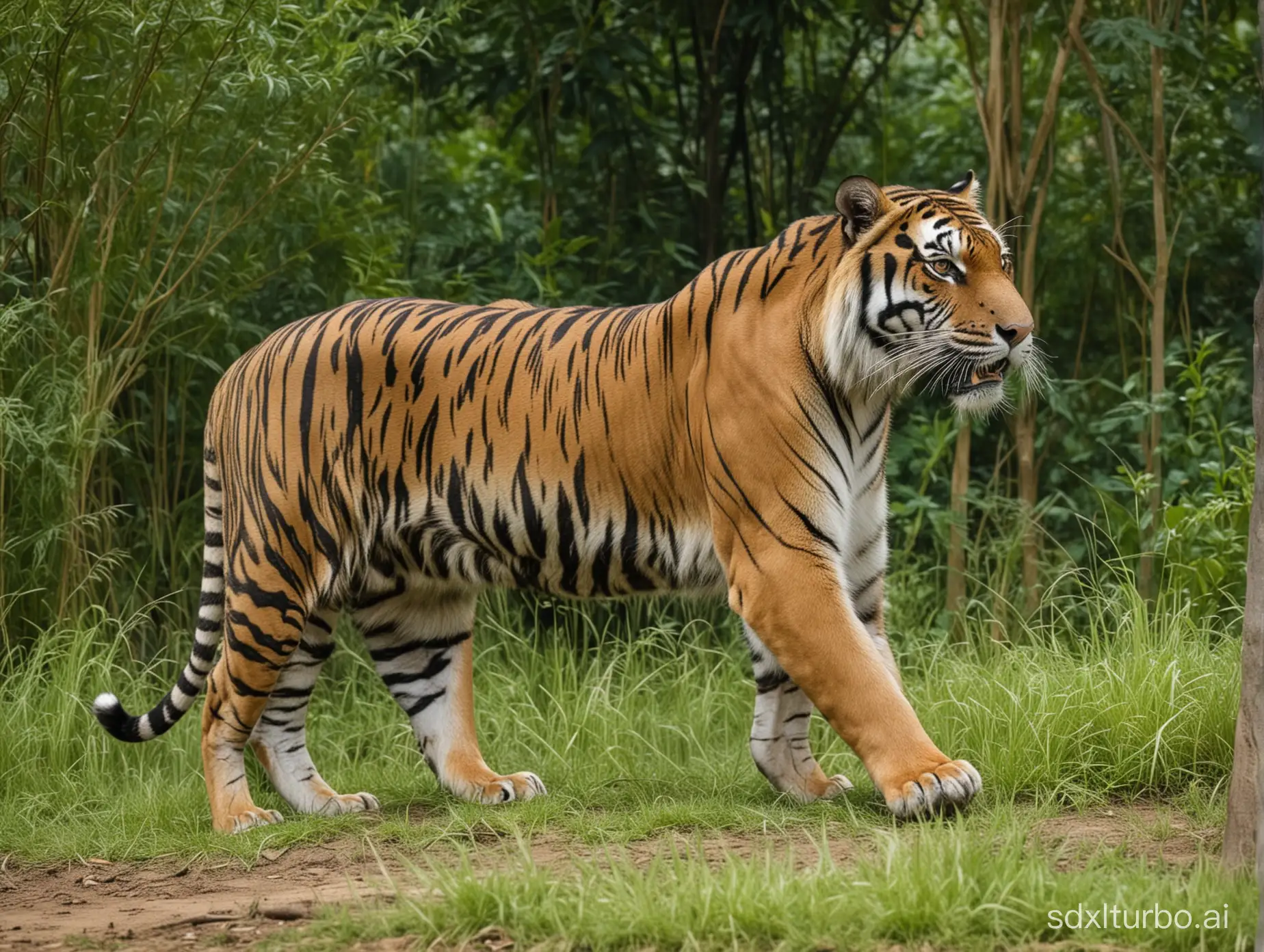 Full side view of a huge asian tiger in a jungle with a lot of grass bushes and trees