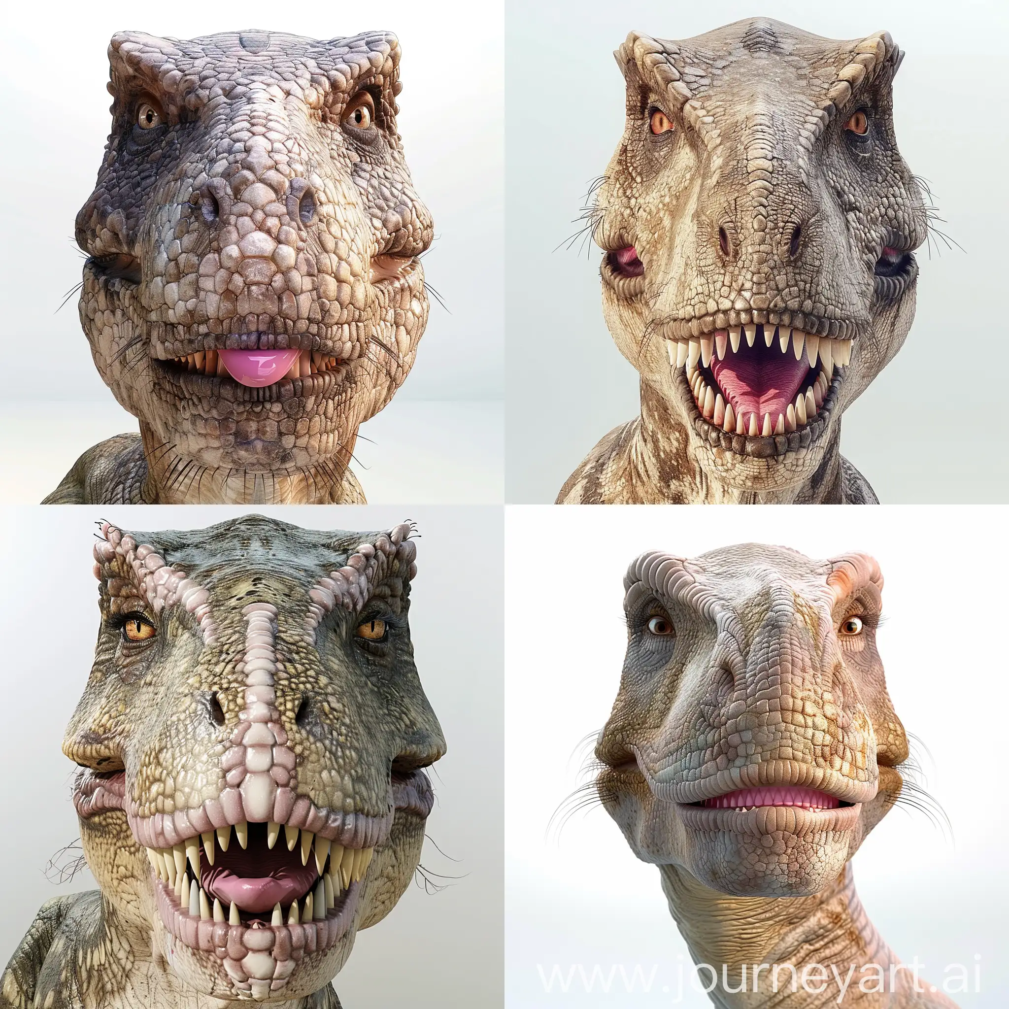 Realistic 3D image of a Tyrannosaurus rex, with a bad face, with perspective looking straight ahead, you can see its entire face and neck and has pink lipstick, with long eyelashes and the background of the image is white