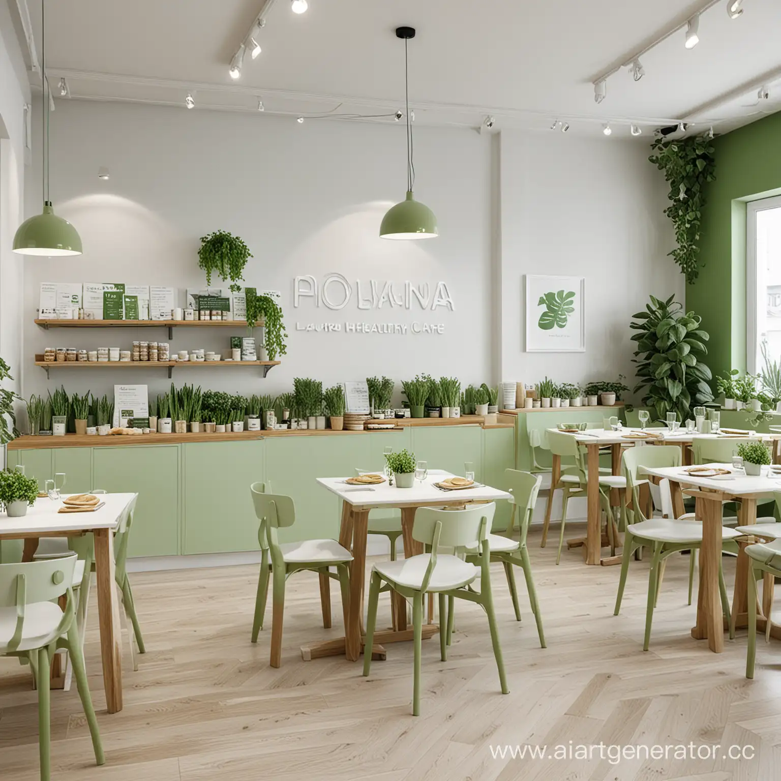 Сгенерируй много изображений кафе здорового питания «Поляна», преимущественно в белых и зеленых цветах