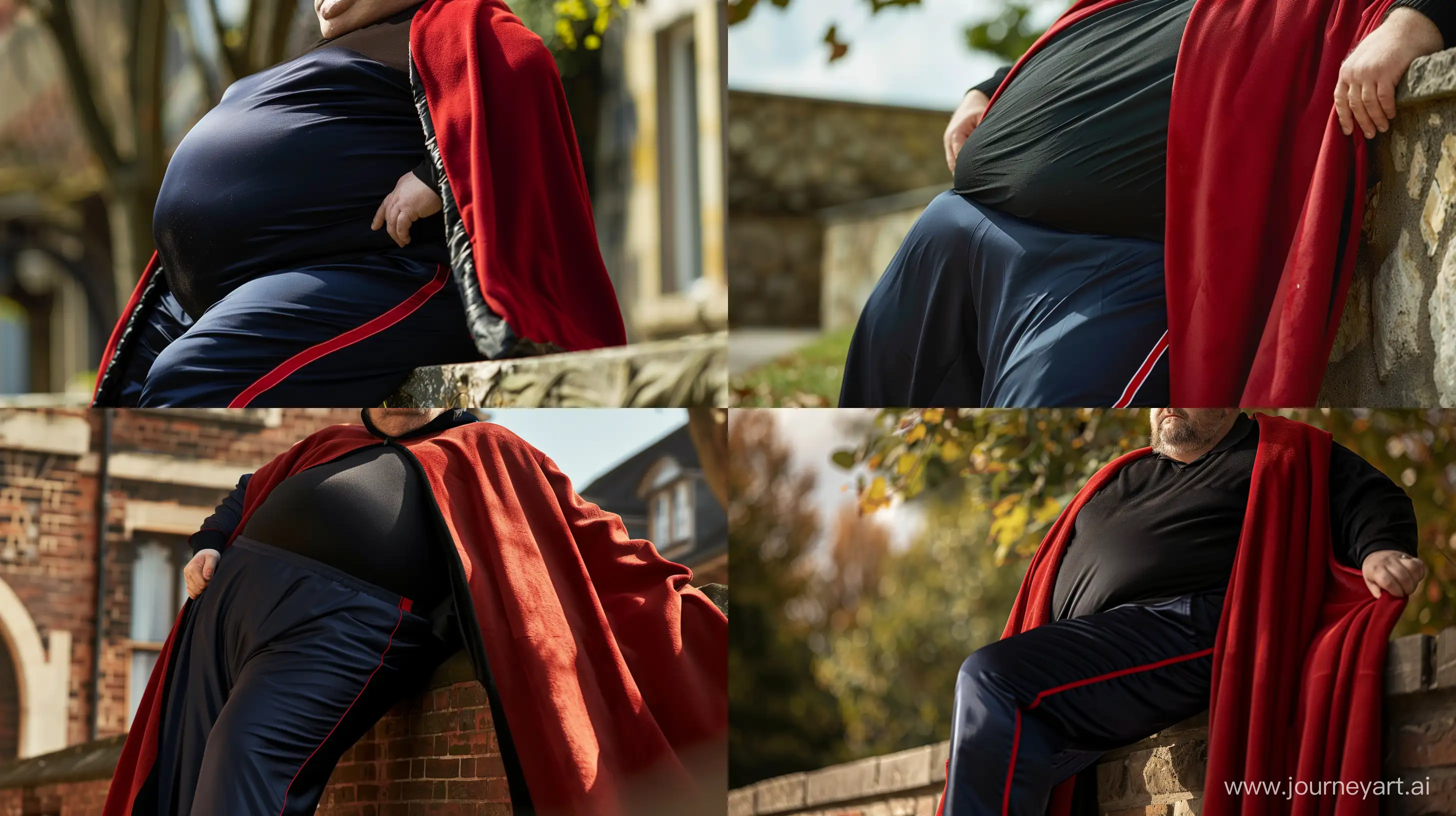 Front view close-up photo of a fat man aged 60 wearing silk royal navy tracksuit pants with red thin stripe on the leg and a large red wool black cape with a black satin lining. Leaning on a wall outside. --style raw --ar 16:9