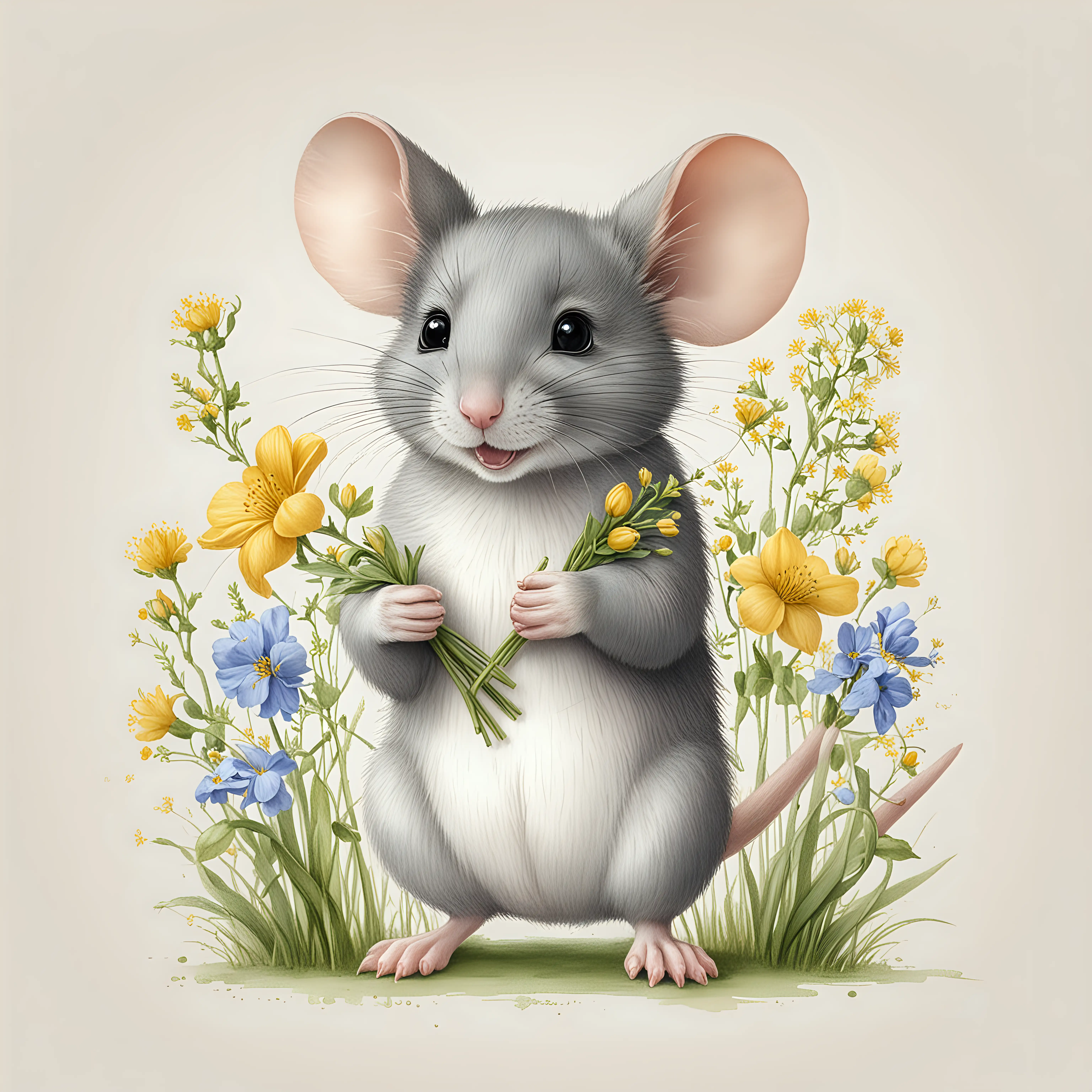 Cute pencil drawing of a mouse holding spring flowers, isolated on a white background, suitable for clip art