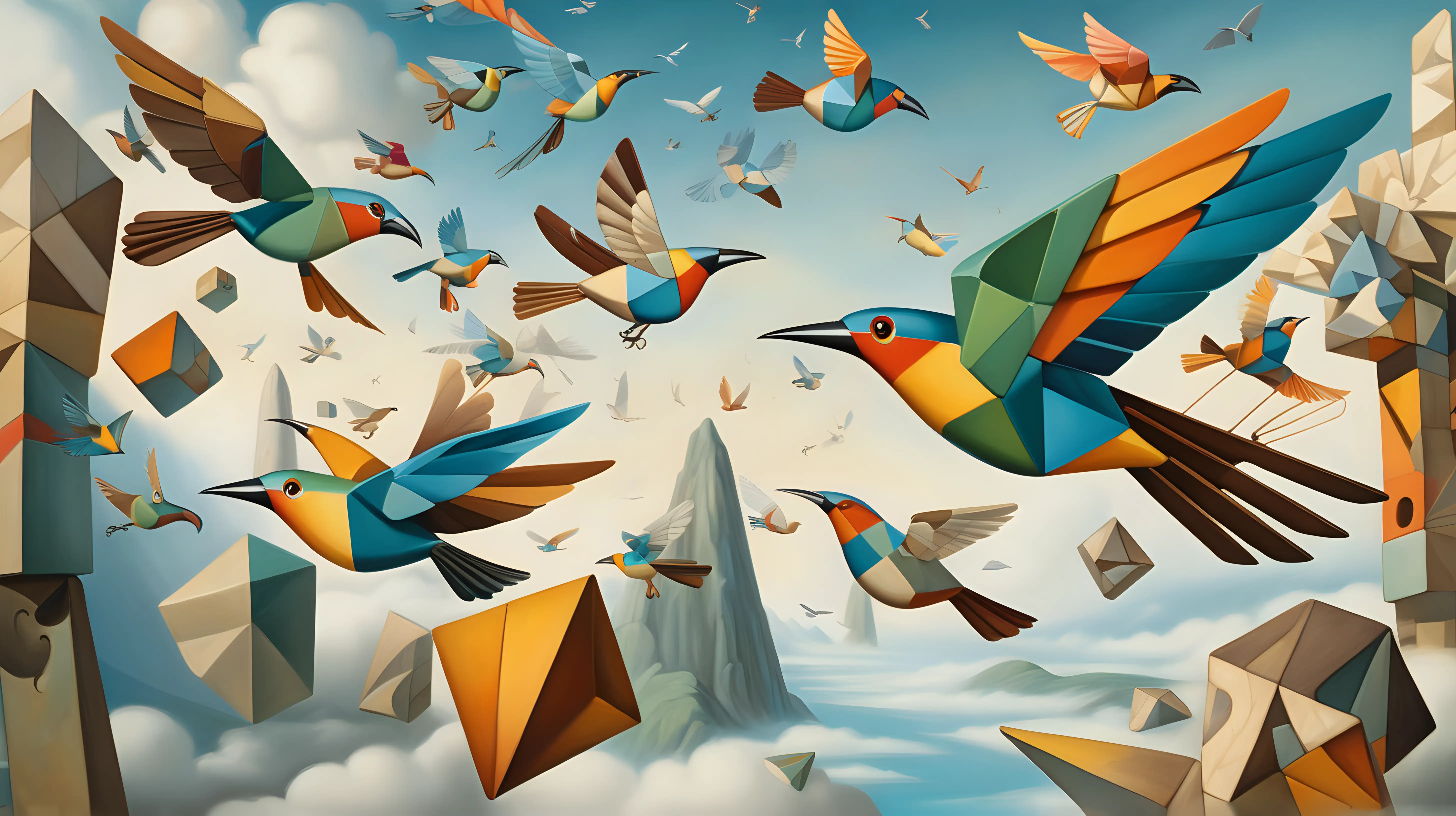 Cubist Dreams of Flight: Render the exhilarating sensation of flight through a Cubist interpretation, where soaring birds and floating objects converge in a dreamscape suspended between earth and sky.