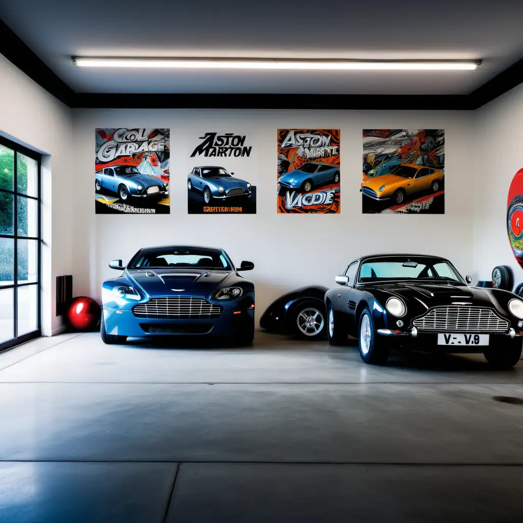 cool garage with graphic design posters on wall, skateboards on wall, and Aston Martin v8 vantage parked inside