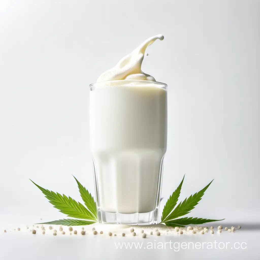 overflowing transparent glass of hemp milk with appetizing milk foam on a white background in a minimalist style