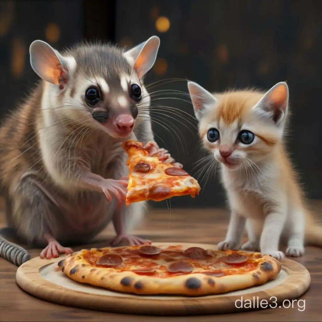 Милый опоссум и глазастый котик едят пиццу 
