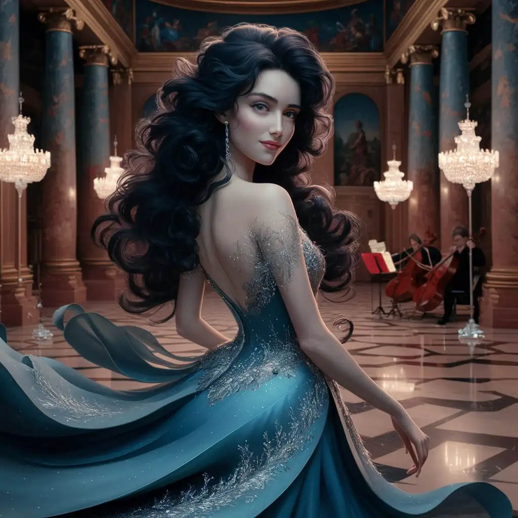 Ethereal Lady in Twilight Blue Gown Graceful Beauty Amidst Grandeur