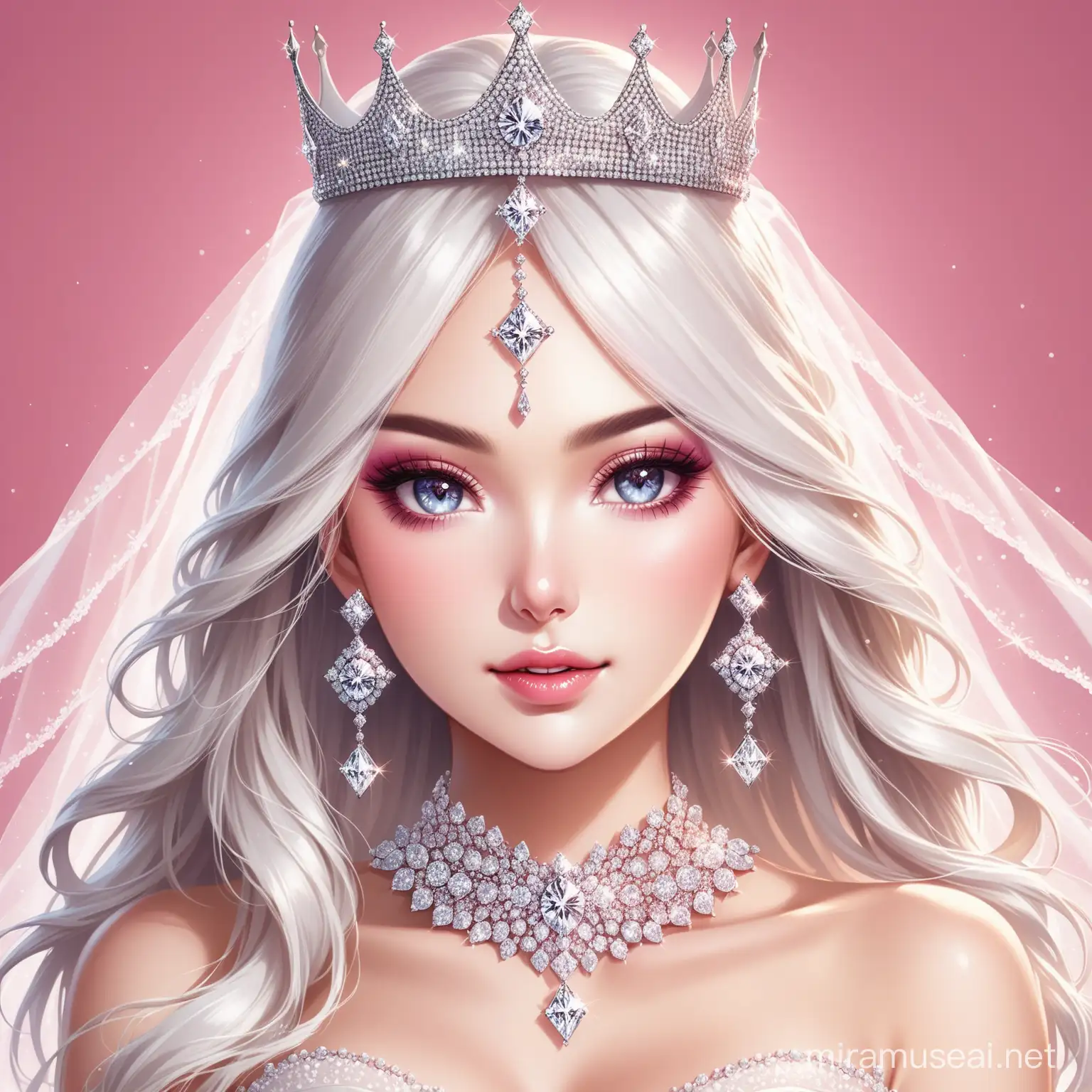 a beautiful bride face with diamon crown and over  makeup and with pinky background realistic  white hair
