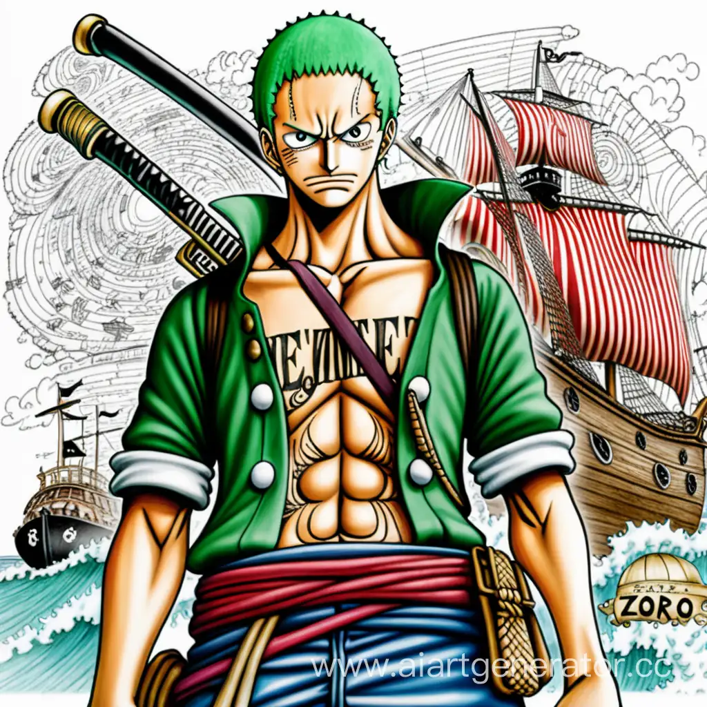 Нарисуй персонажа из аниме ван пис "Зоро" У него в руке катана по середине картинки напиши текст ZeOnePiece Всё раскрашено, На фоне пиратского Корабля 