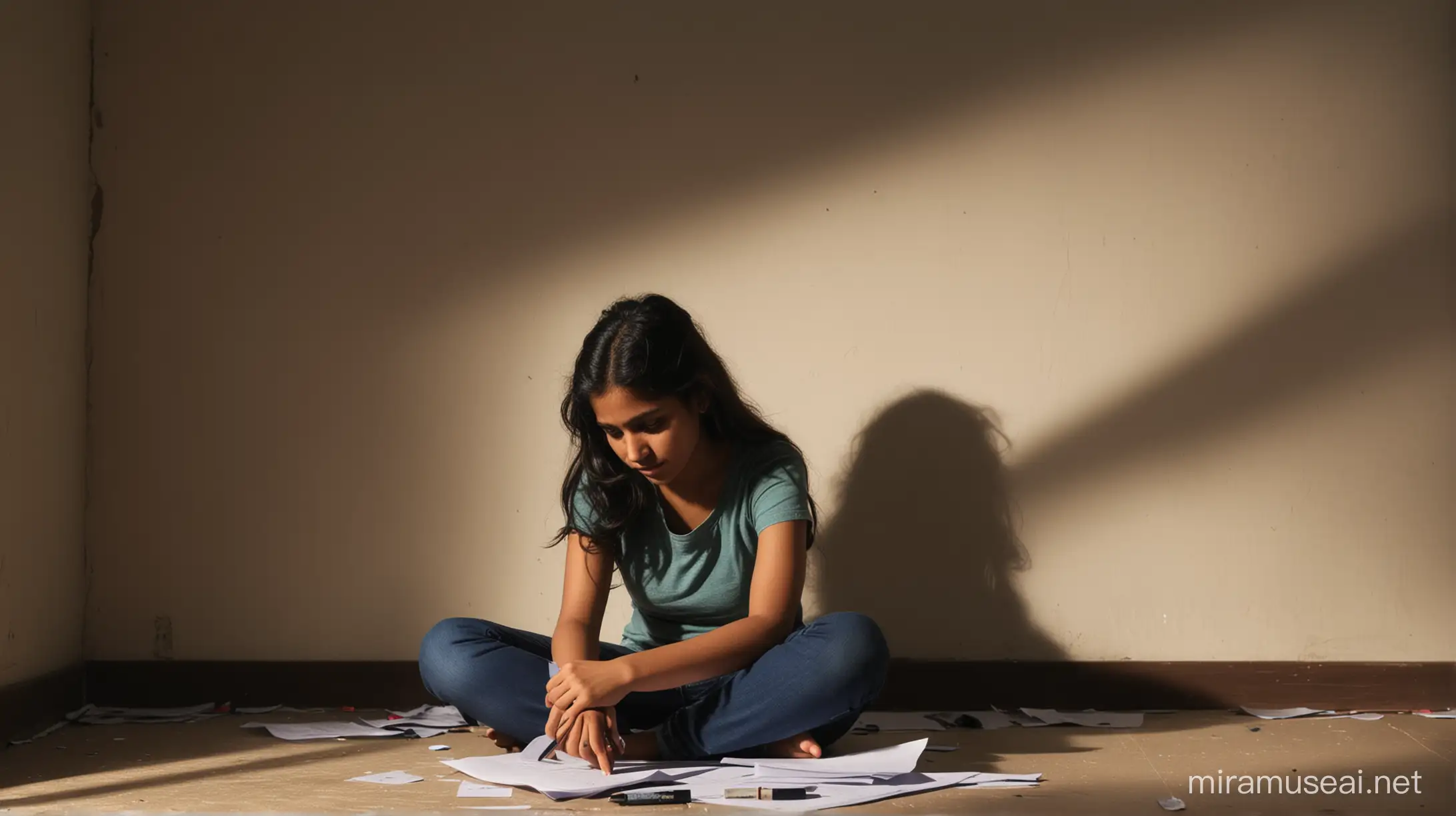 upset and unhappy indian girl sitting in dark room, image should be in shadow, backlight, some study stuff on room wall, one pen and one paper scattered on the ground