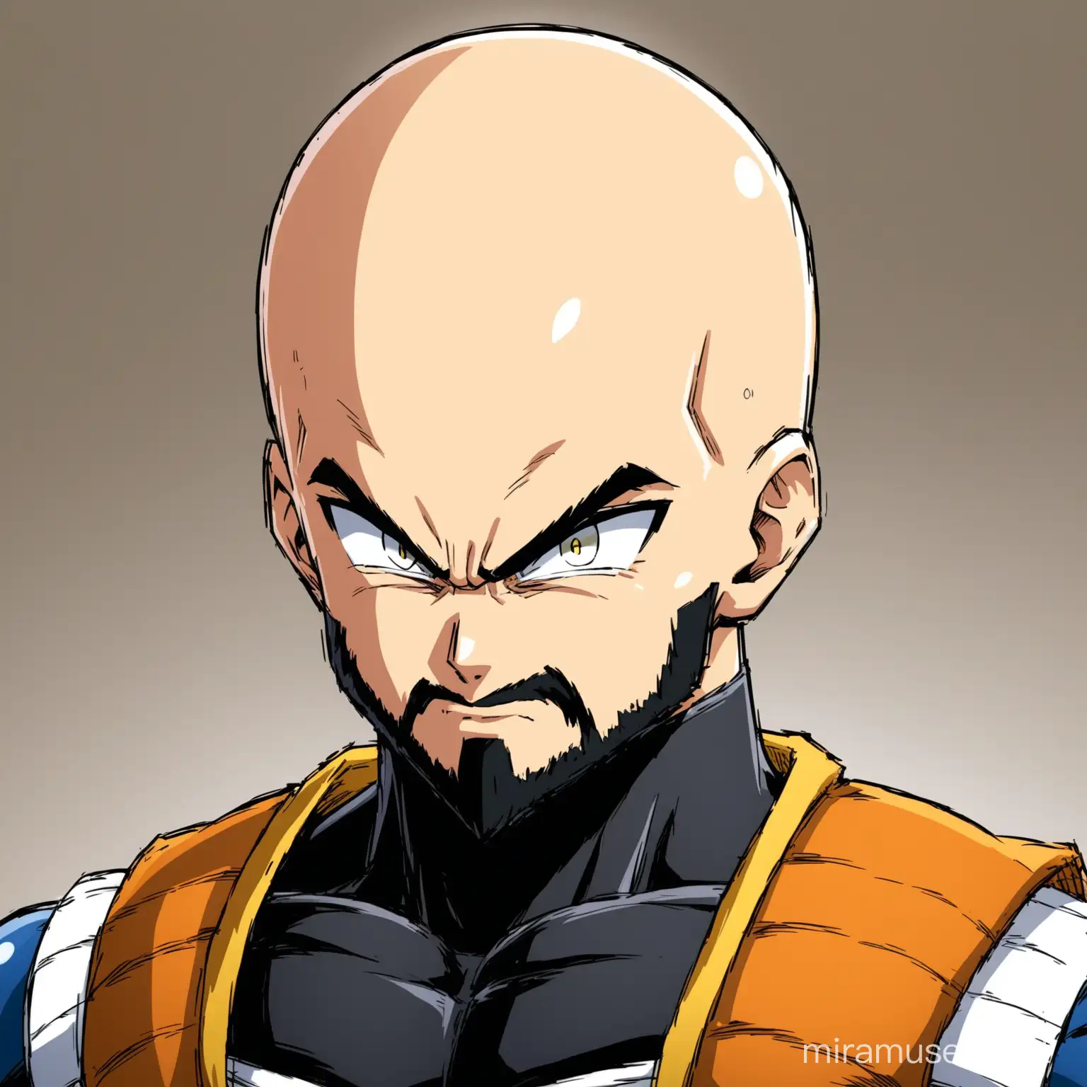 super Saiyan. bald. no hair on head. black bearded. vegeta