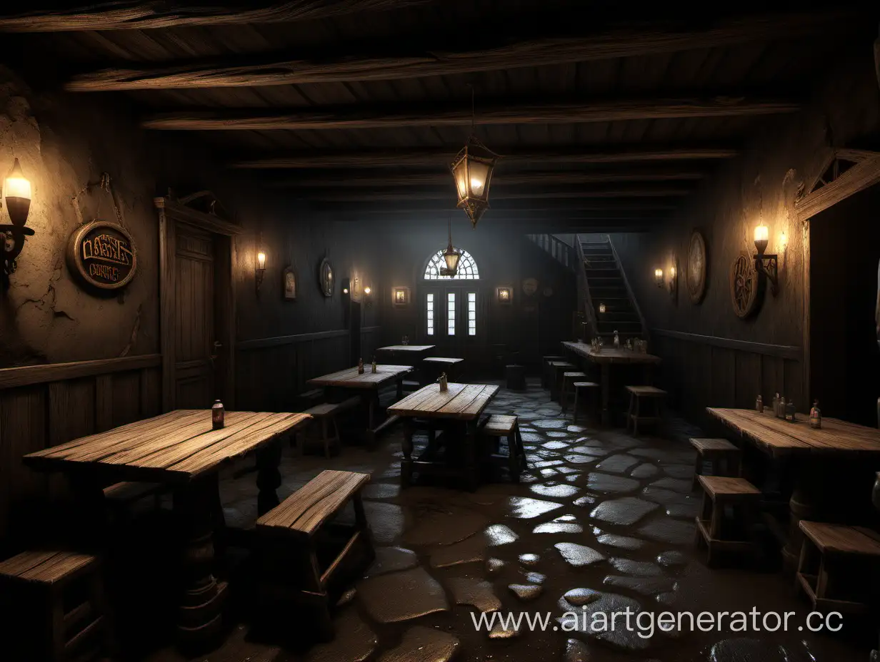 a world of dark fantasy, a stunted tavern with a sleepy bartender - in this hall there are 6 tables for guests, a dirty floor and stairs to the guest rooms