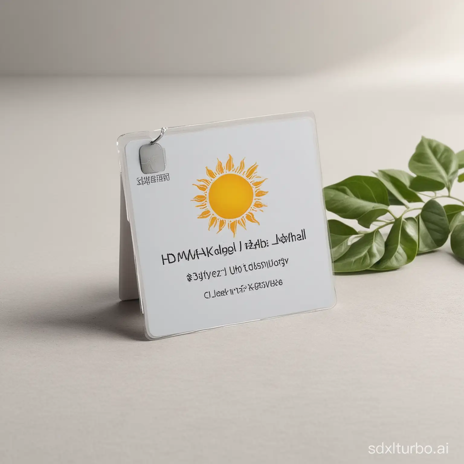 Small-Work-ID-Card-Set-on-White-Platform-with-Sun-and-Leaves-Background