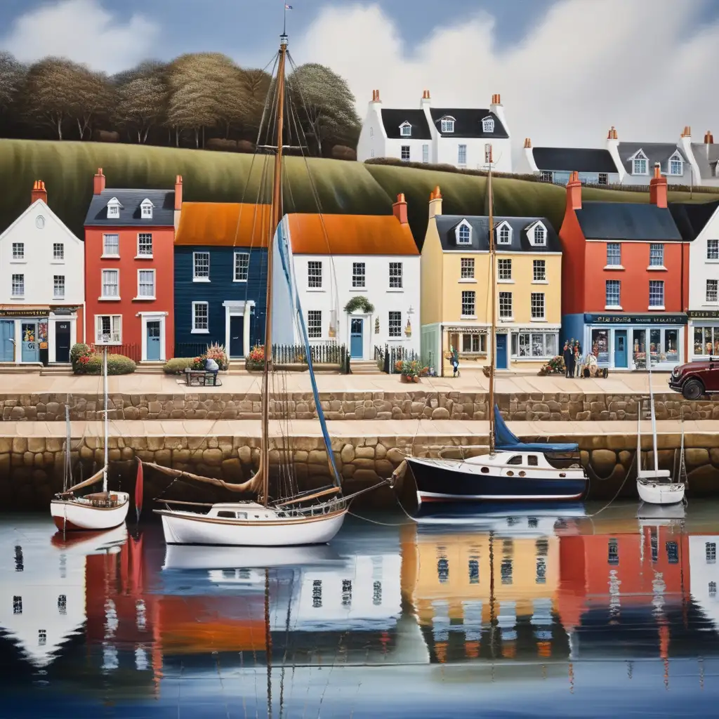 Charming British Harbor Townscape Art Coastal Serenity in a Picturesque Seaside Setting