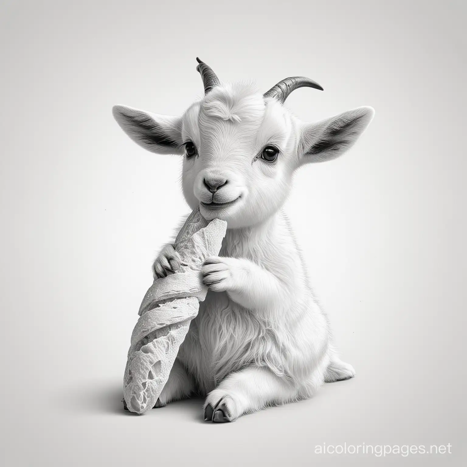 adorable baby goat eating baguette
, Coloring Page, black and white, line art, white background, Simplicity, Ample White Space. The background of the coloring page is plain white to make it easy for young children to color within the lines. The outlines of all the subjects are easy to distinguish, making it simple for kids to color without too much difficulty