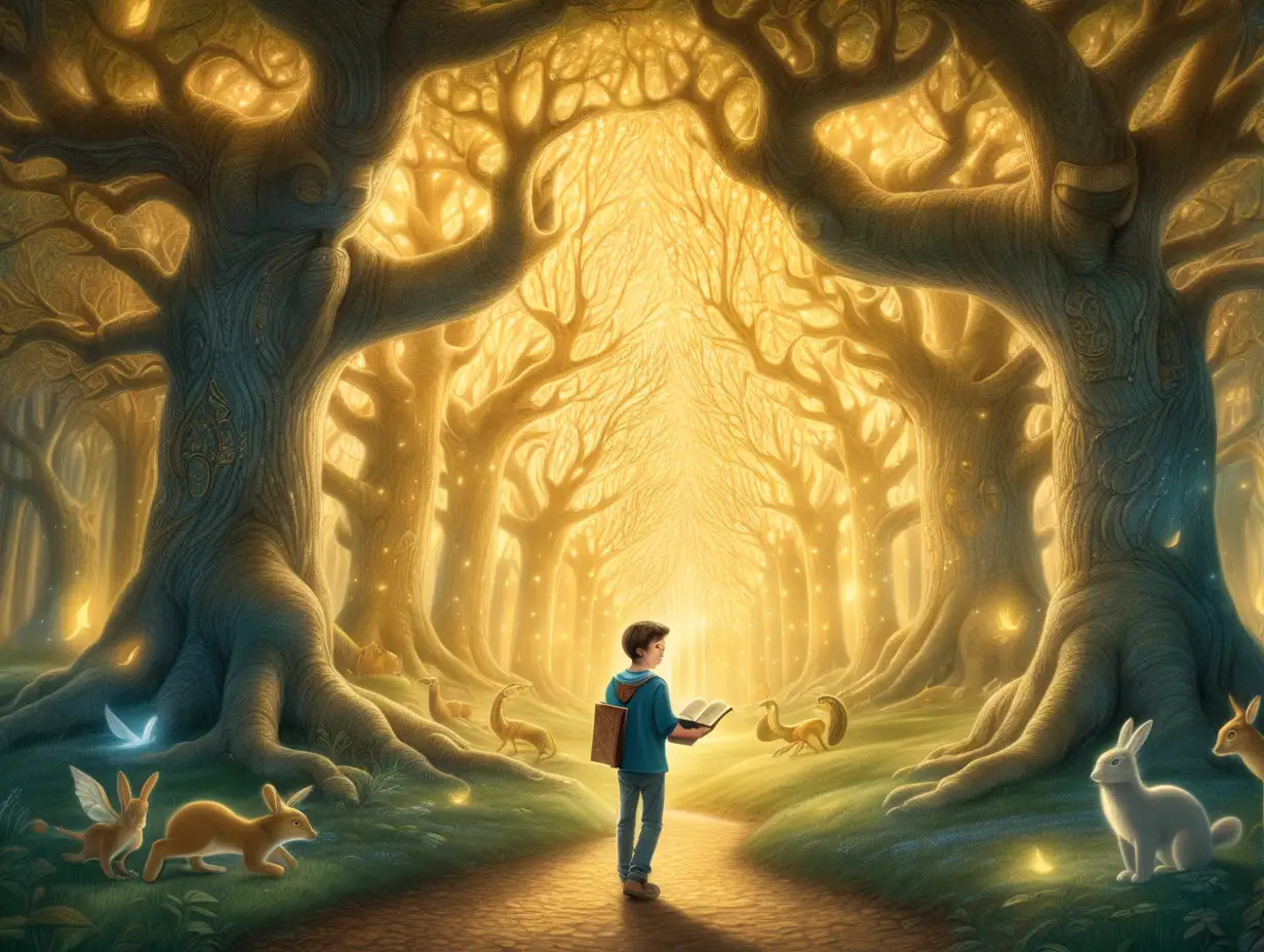 a 25 year old boy walks in an enchanted forest, surrounded by majestic trees and mystical creatures. In front of him is an ancient magical book that gives off a golden light. The style of the picture should be similar to the drawing of a fable that stimulates the imagination, in the style of Waldorf education