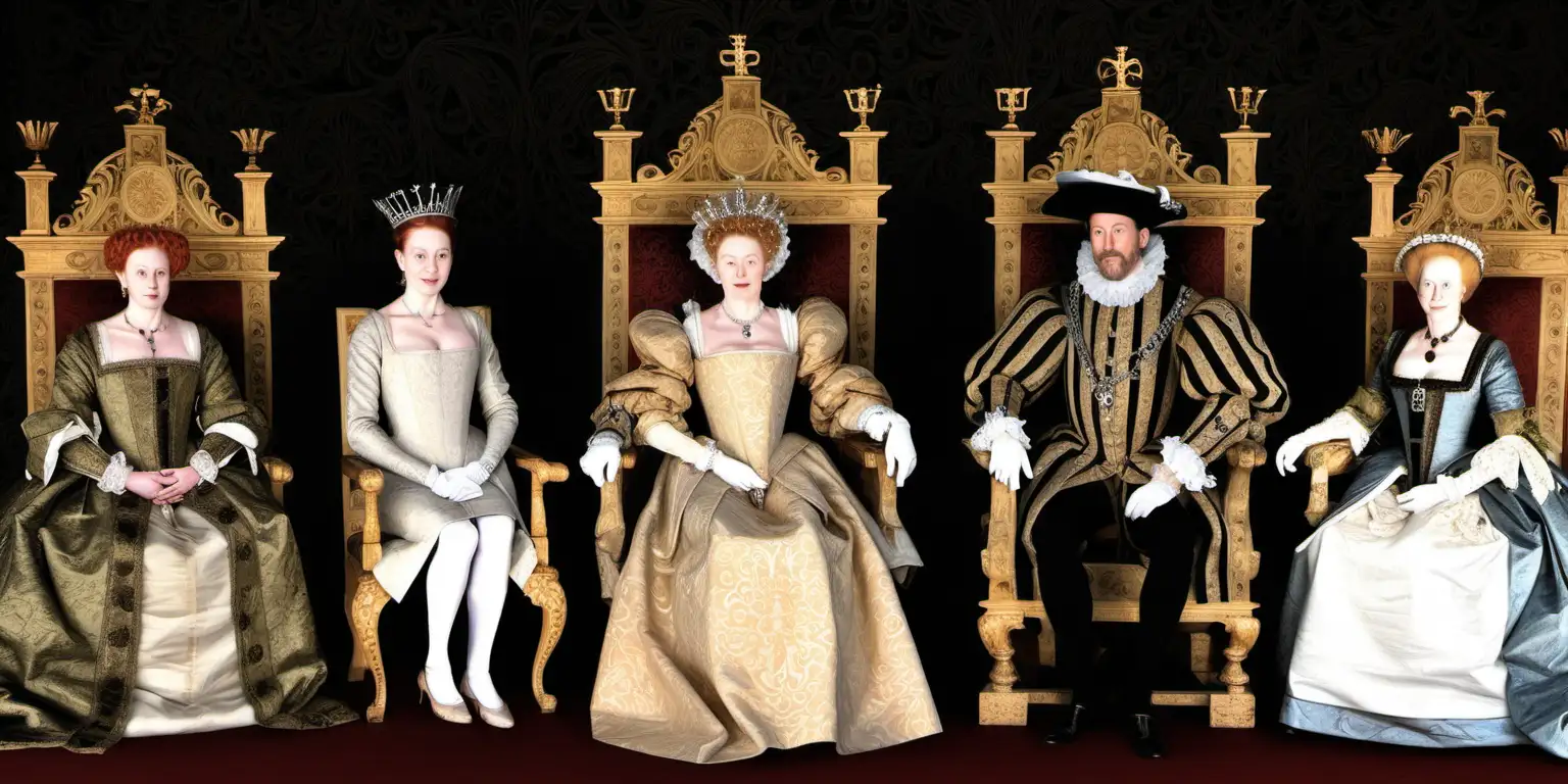 A colour photo of Elizabethan gentry and aristocrats sat in elaborate chairs. In the middle, Queen Elizabeth I sits in a grand throne. Robert Devereux sits in one grand chair. a blond Henry Wriothesely sits in another chair; he holds hands with an attractive woman sat besides him. The year is 1595.