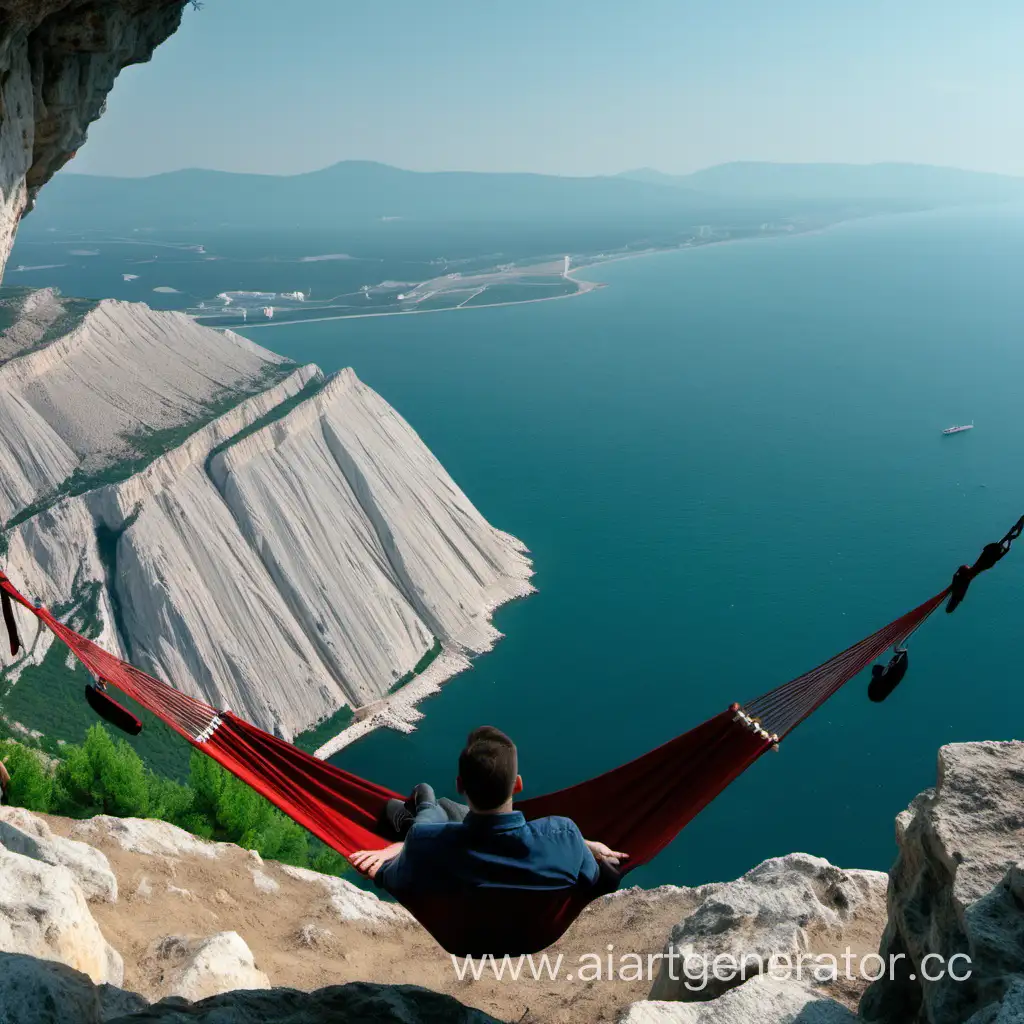 Man-Relaxing-in-Hammock-on-Cliff-Edge-with-Scenic-Mountain-and-Sea-View-in-Crimea
